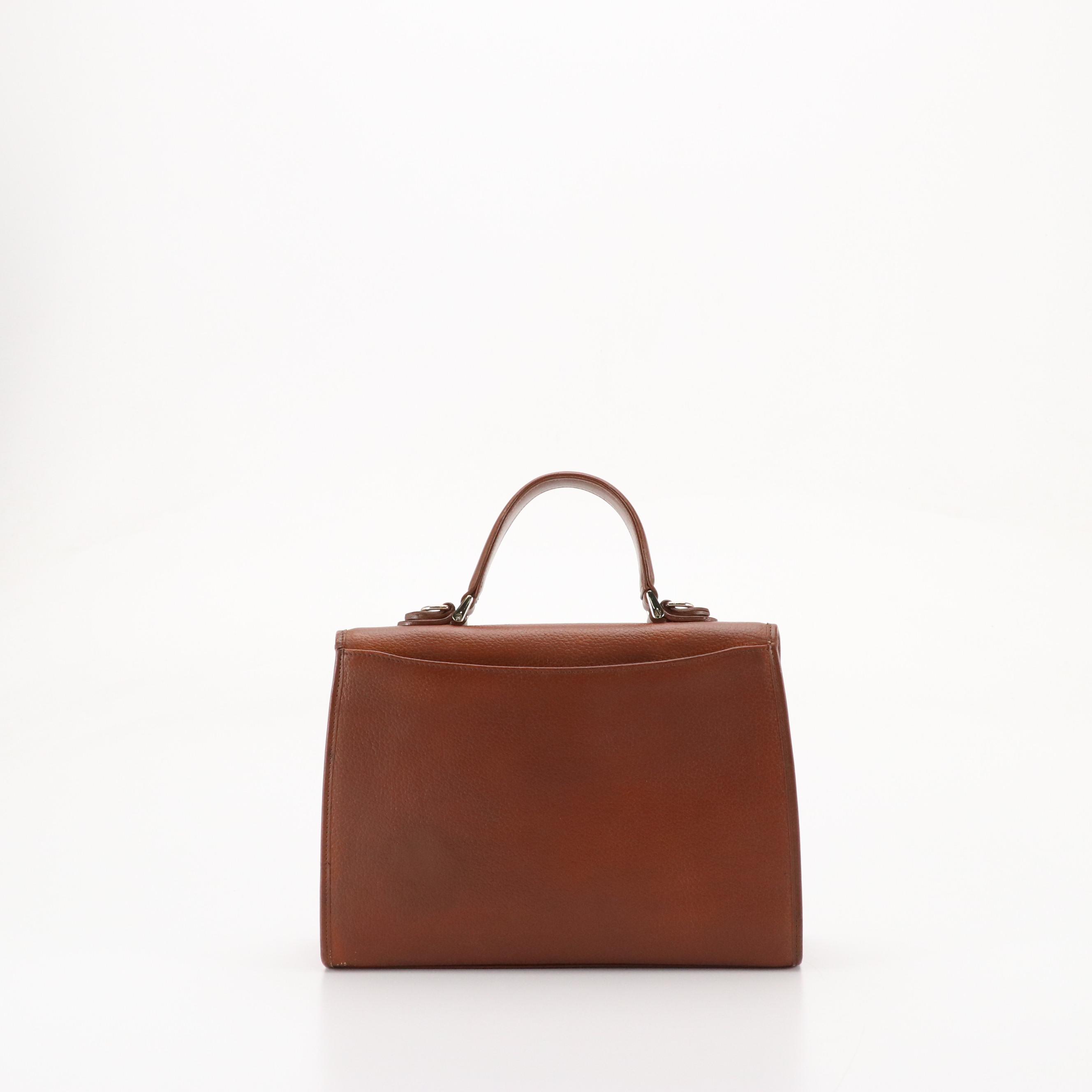 Burberrys Front Flap Top Handle Bag in Brown Grained Leather