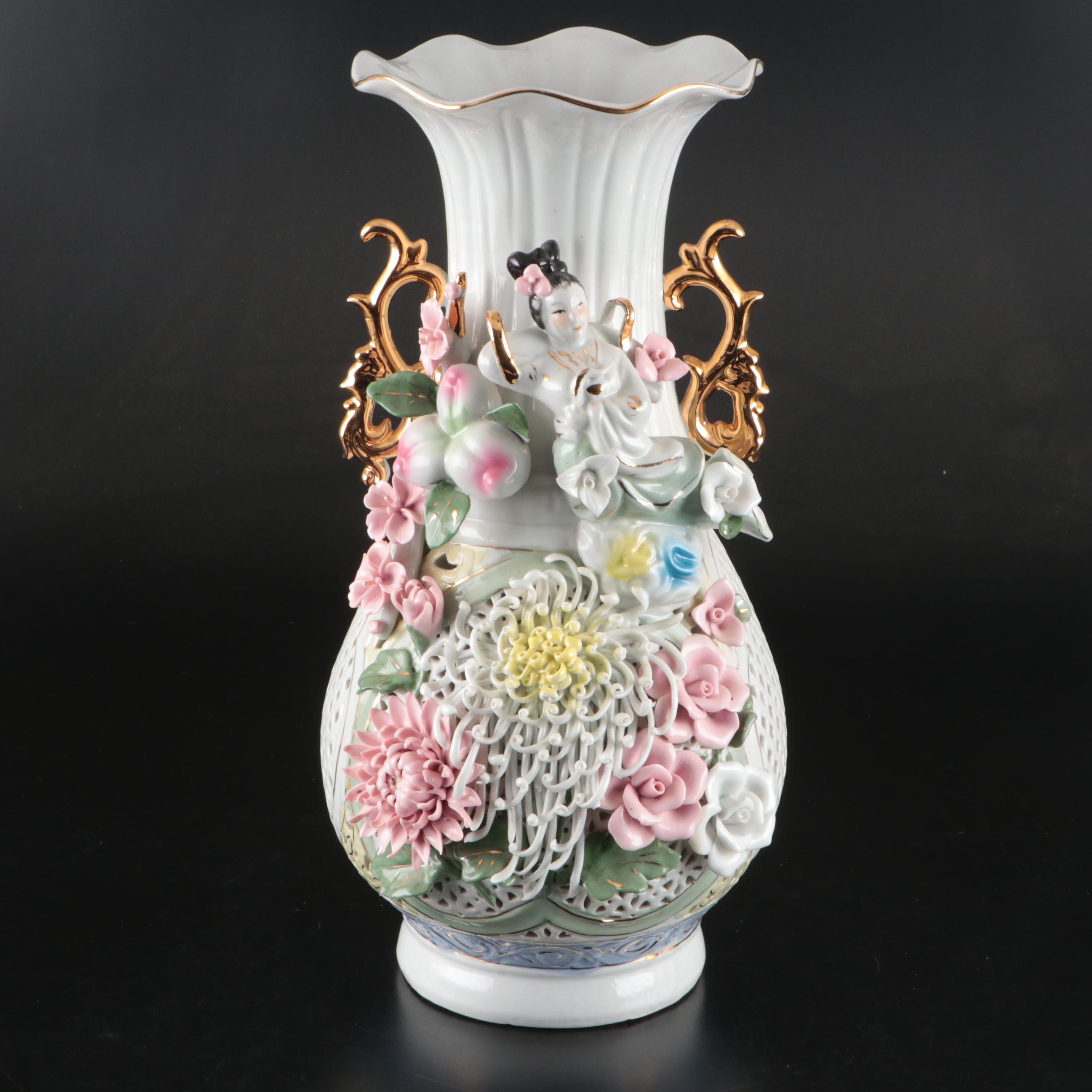 Chinese Style Floral Reticulated Porcelain Vase