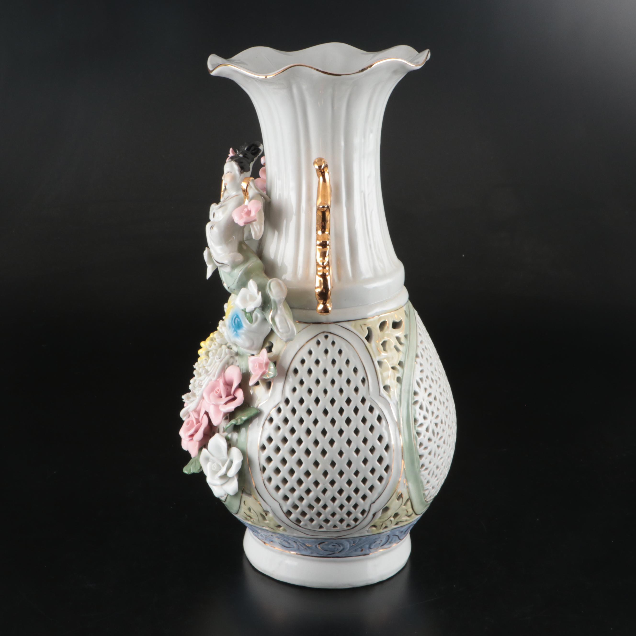 Chinese Style Floral Reticulated Porcelain Vase
