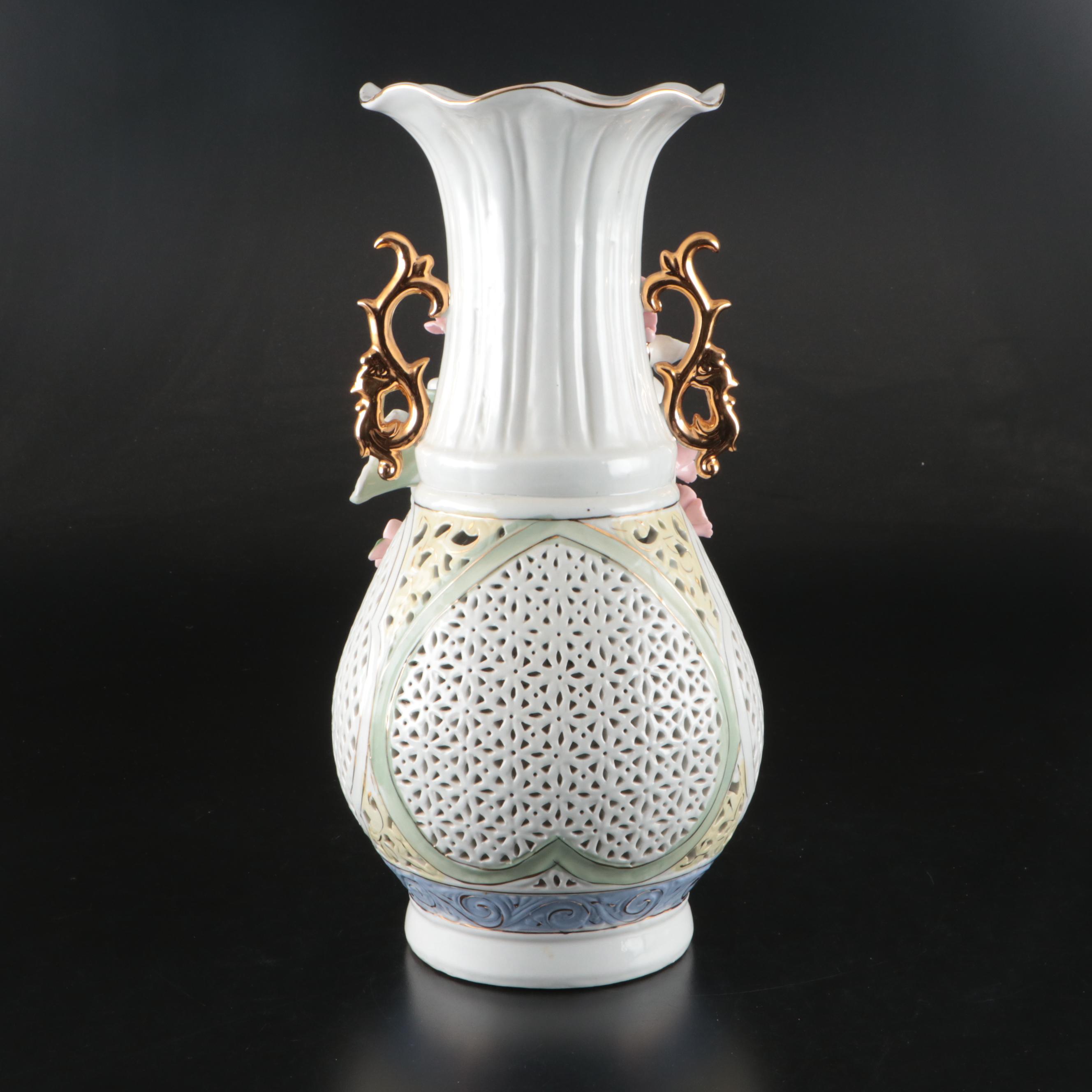 Chinese Style Floral Reticulated Porcelain Vase