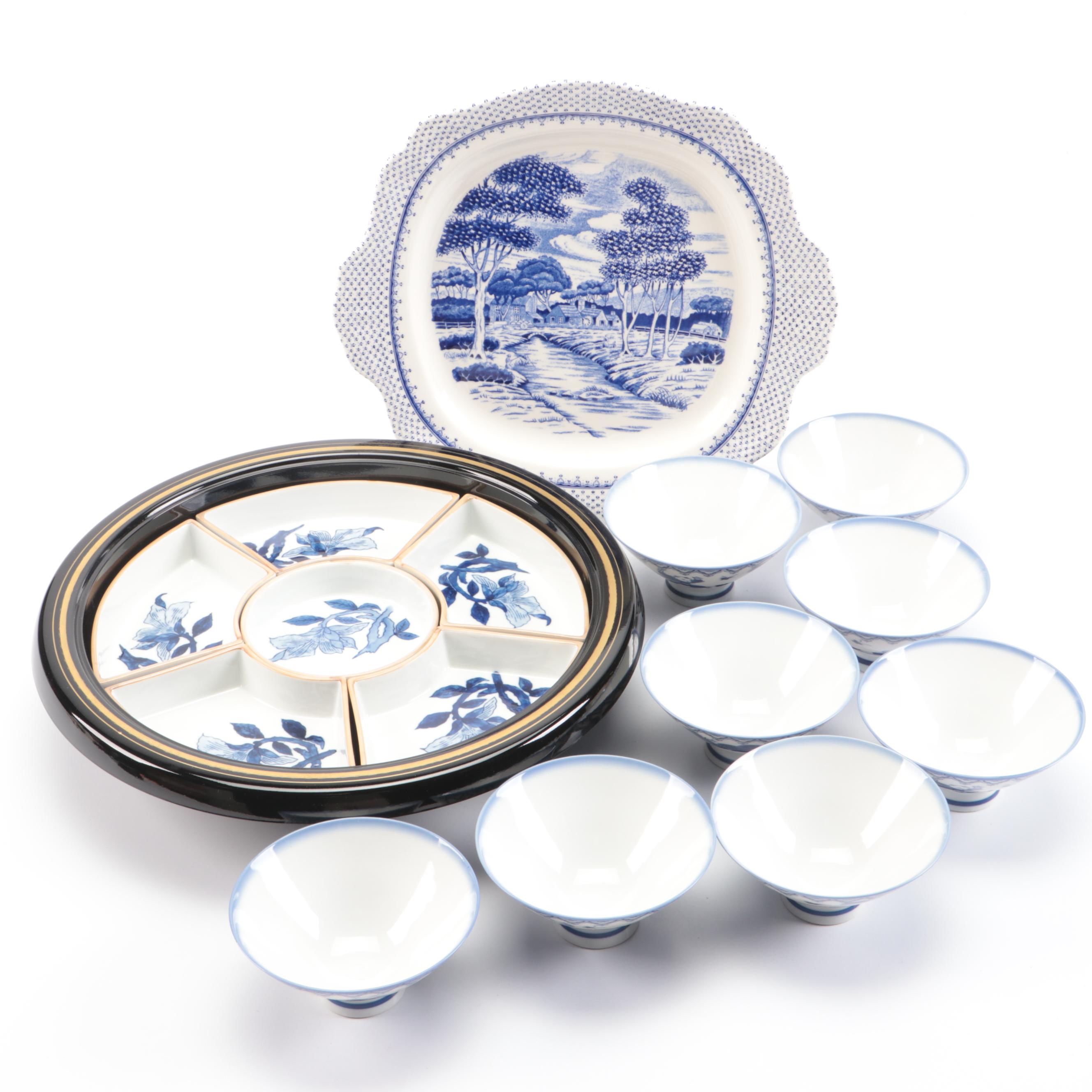 Chinese Blue and White Porcelain Sauce Bowls on Lazy Susan with Other Tableware