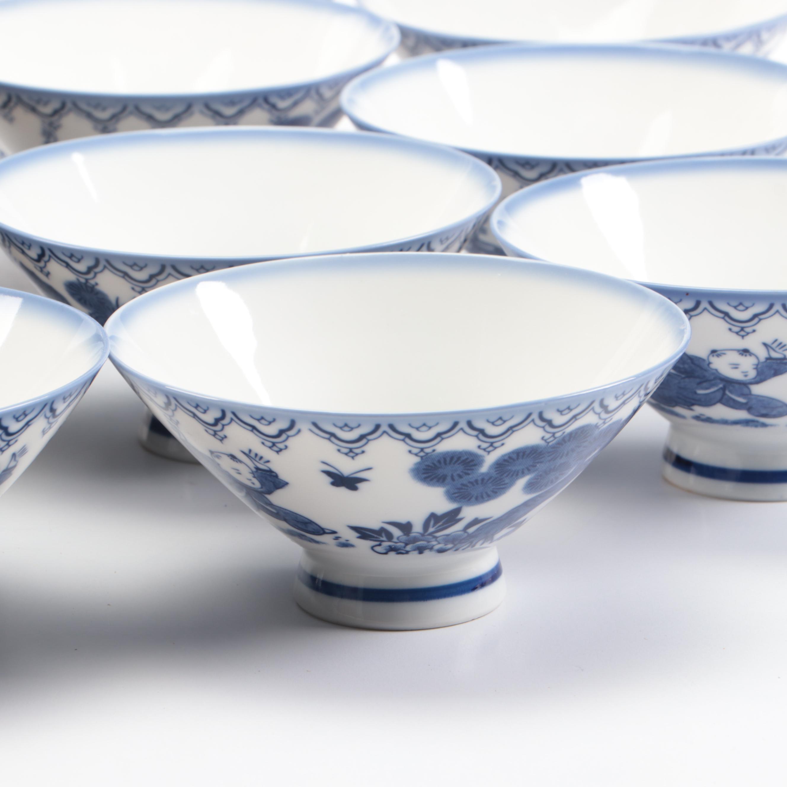 Chinese Blue and White Porcelain Sauce Bowls on Lazy Susan with Other Tableware