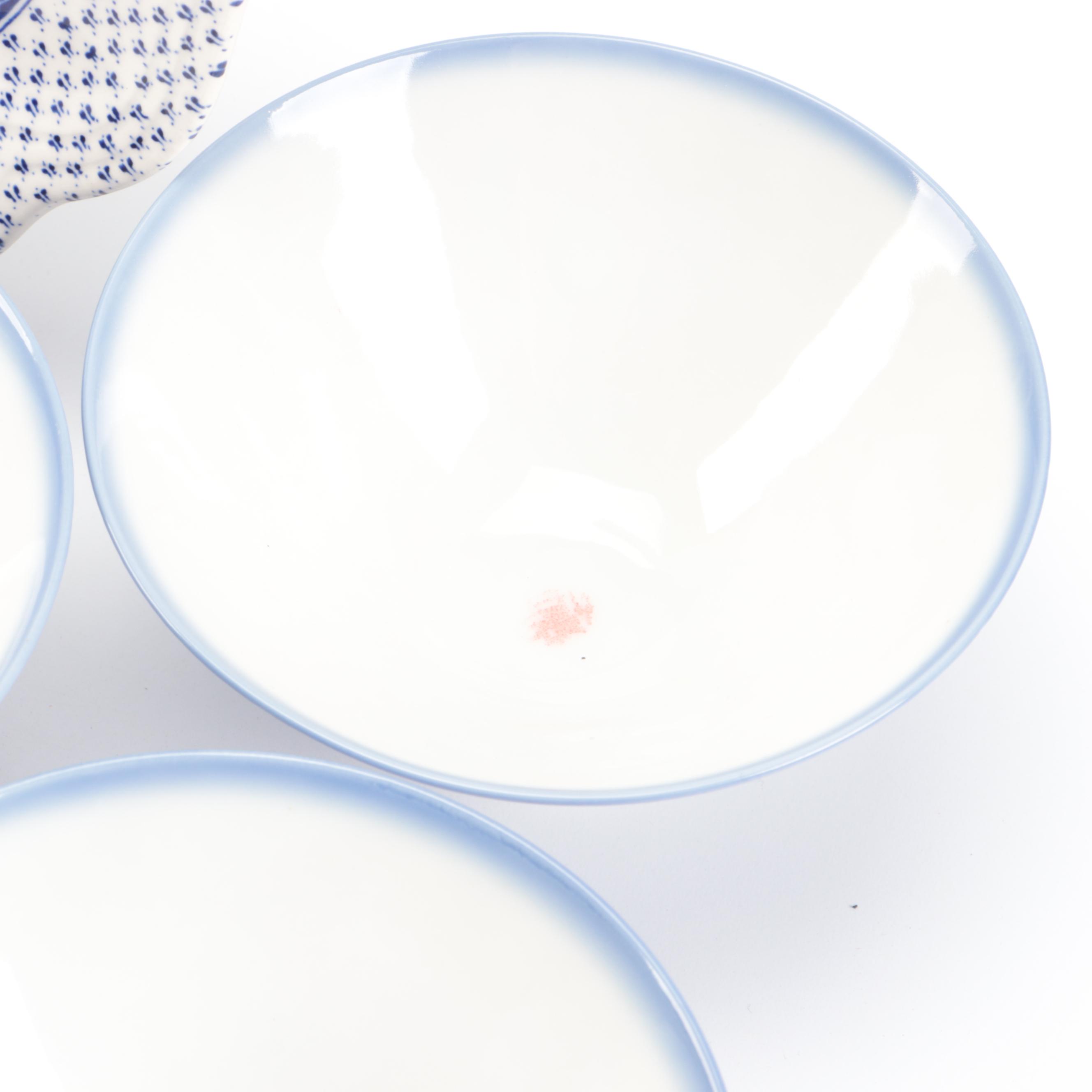 Chinese Blue and White Porcelain Sauce Bowls on Lazy Susan with Other Tableware