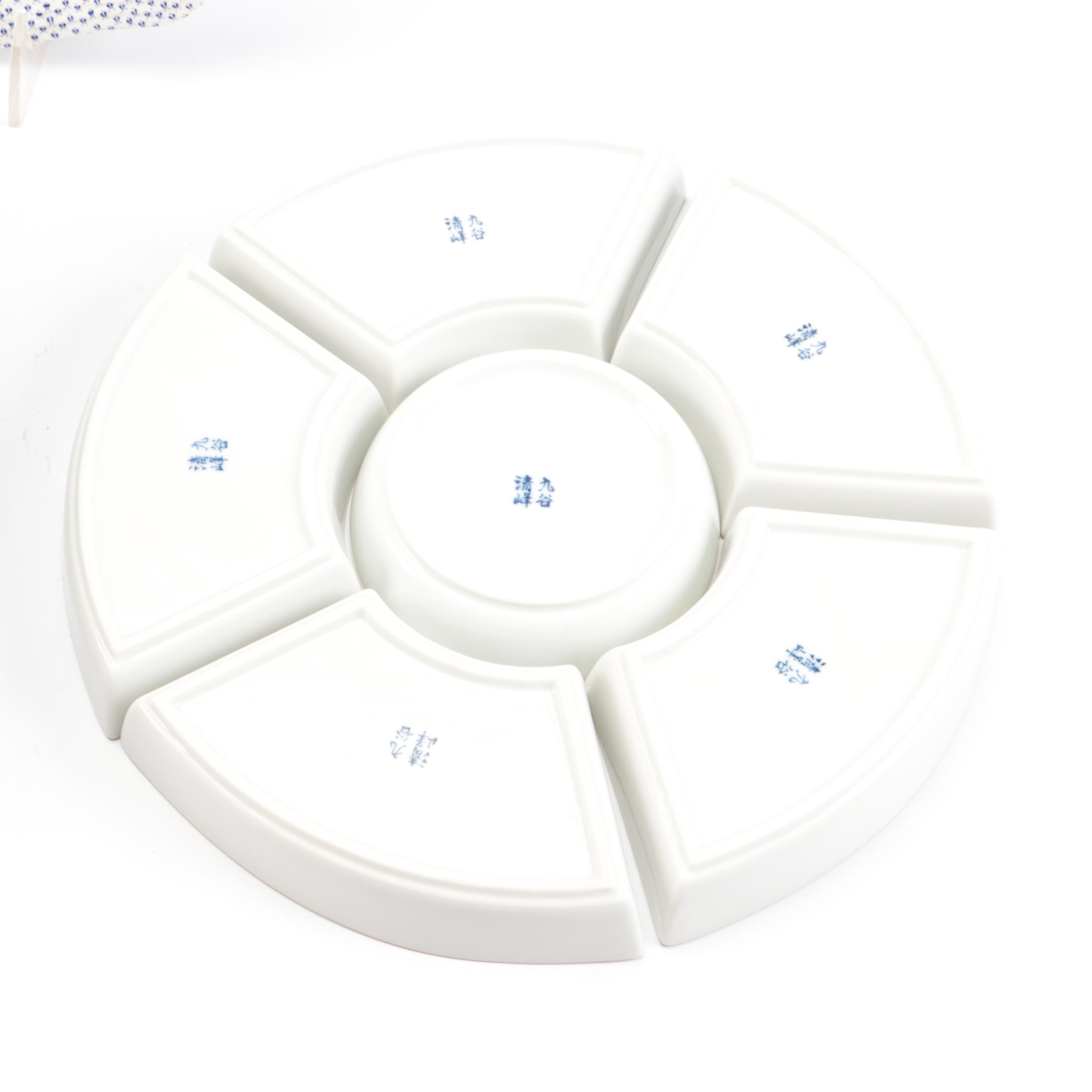 Chinese Blue and White Porcelain Sauce Bowls on Lazy Susan with Other Tableware