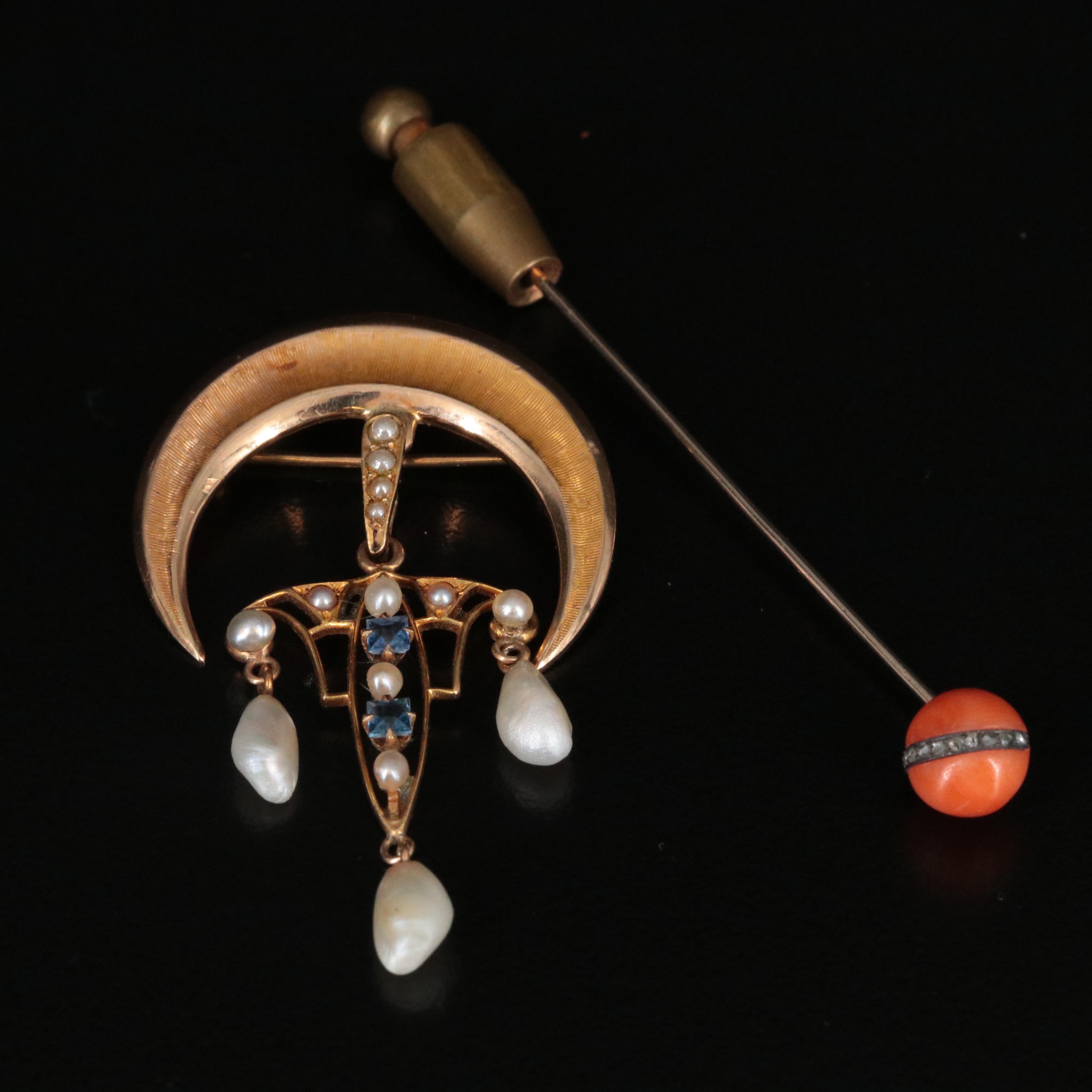 Vintage 14K Stick Pin and Cresent Moon with Lavalier Brooch