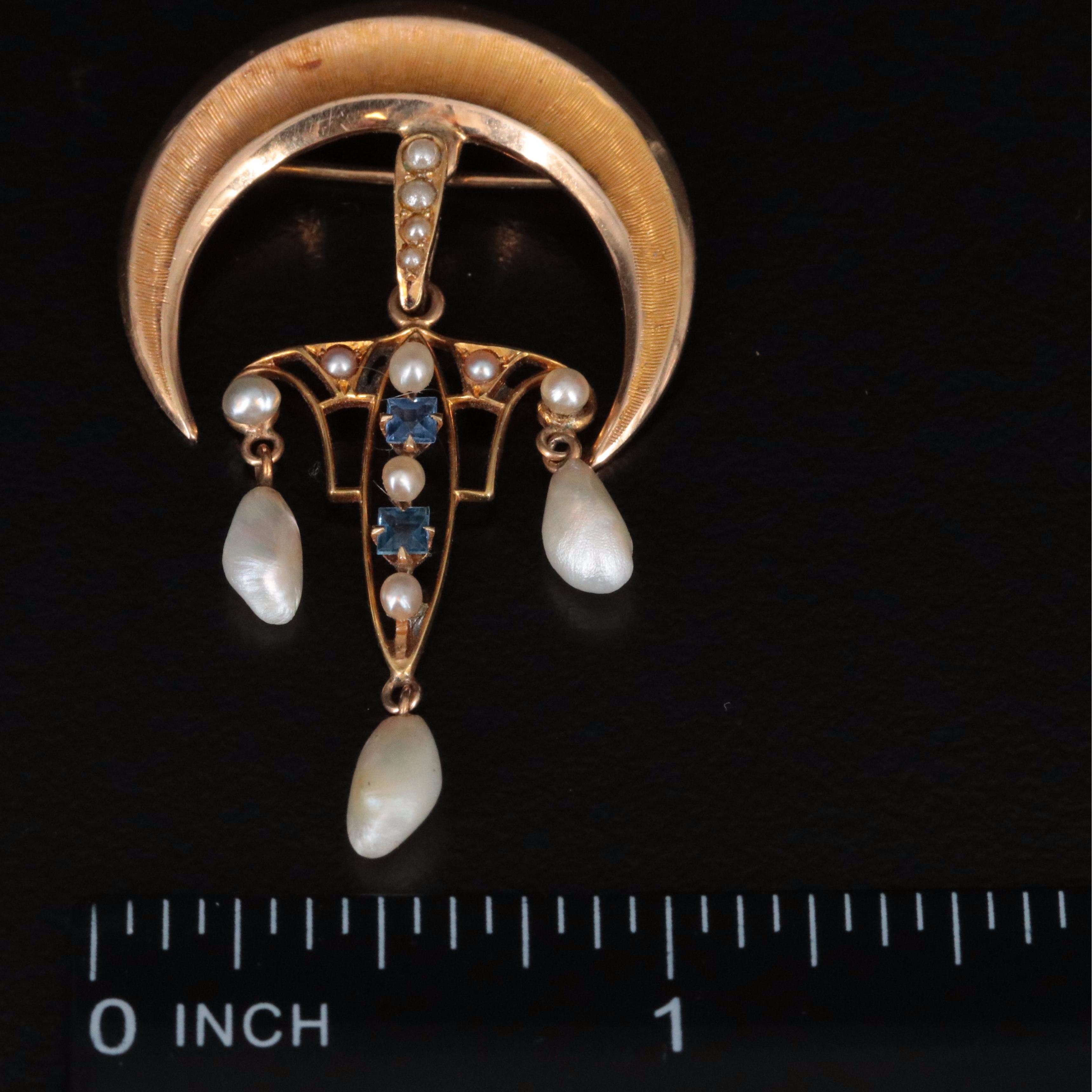 Vintage 14K Stick Pin and Cresent Moon with Lavalier Brooch