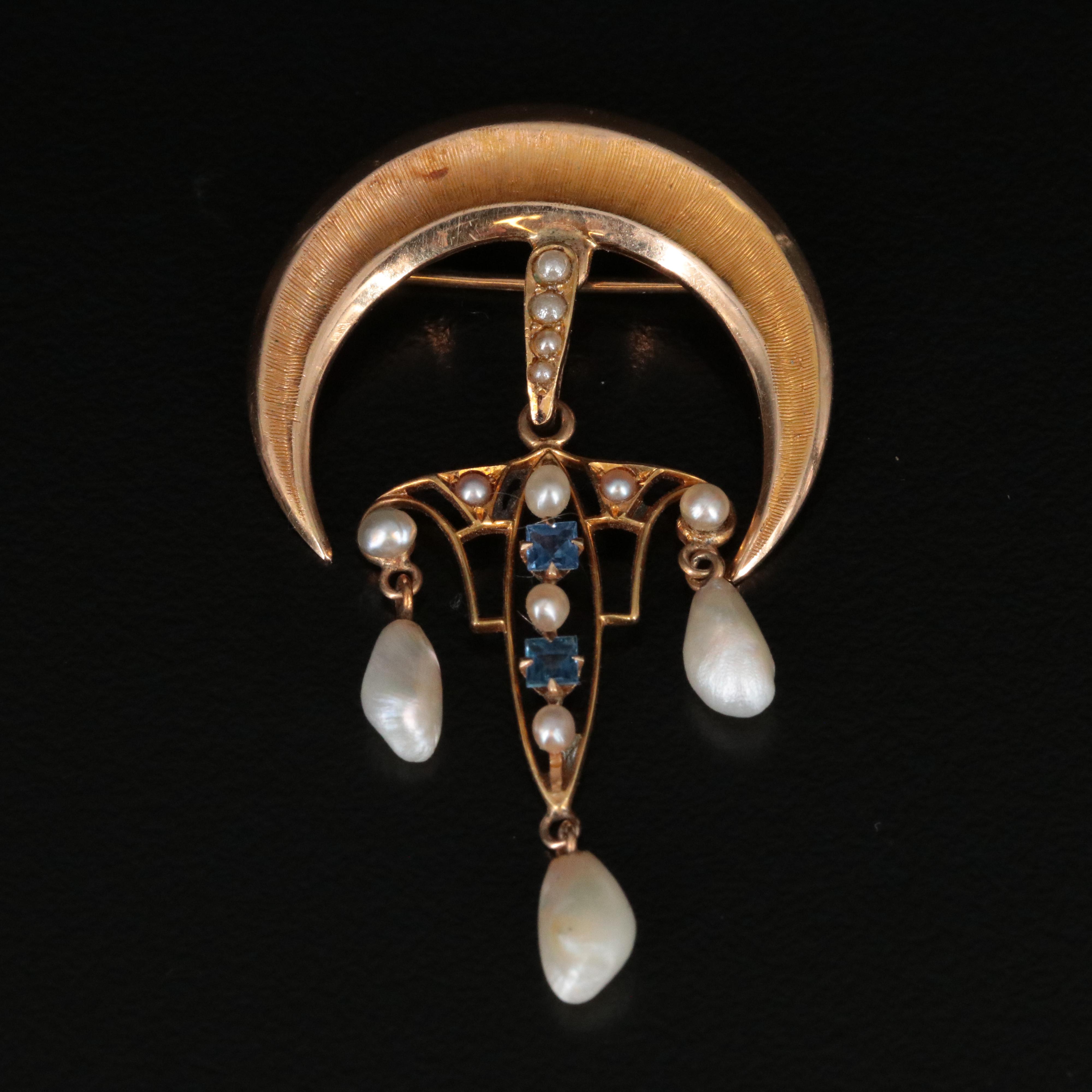 Vintage 14K Stick Pin and Cresent Moon with Lavalier Brooch