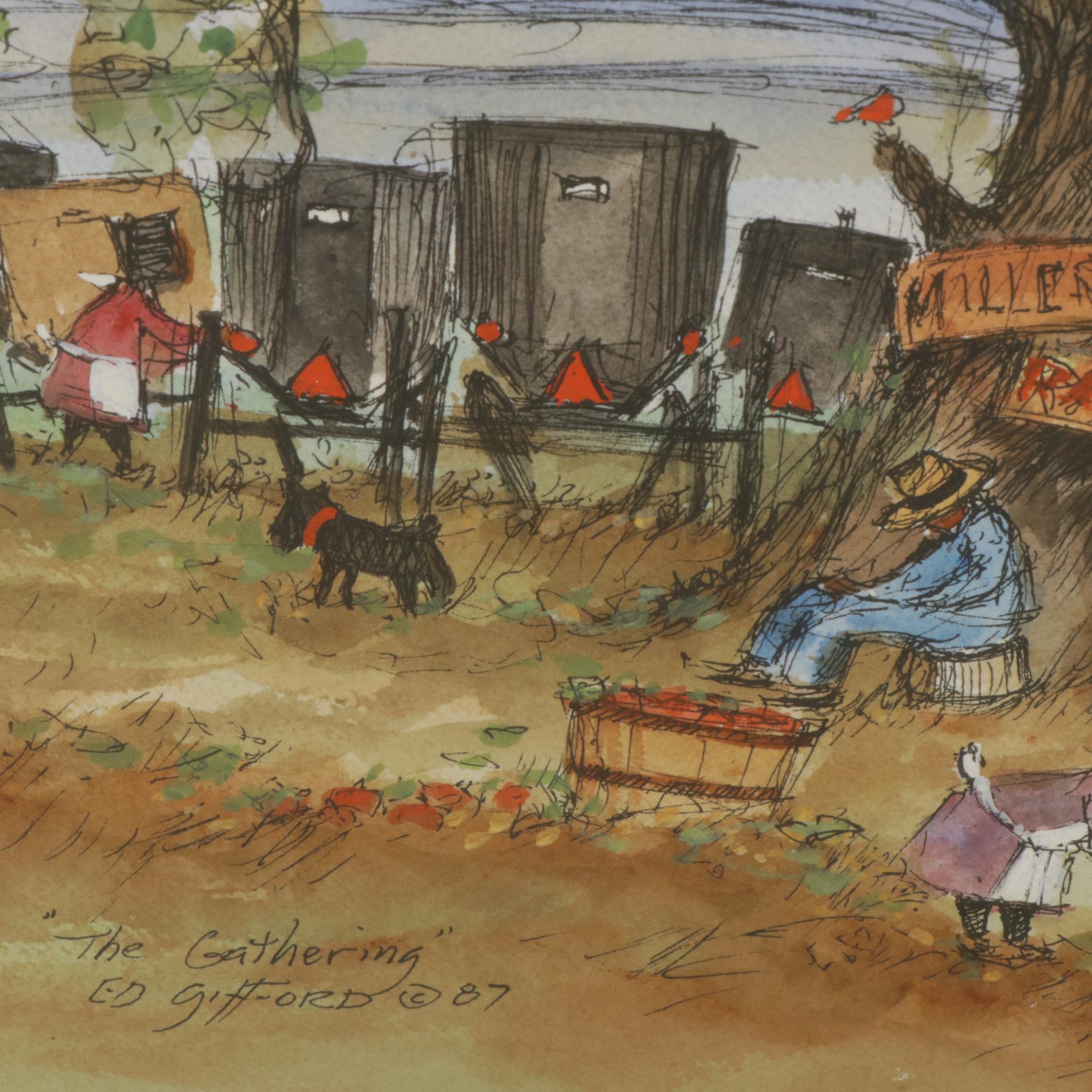 Ed Gifford "The Gathering" Watercolor Painting, 1987