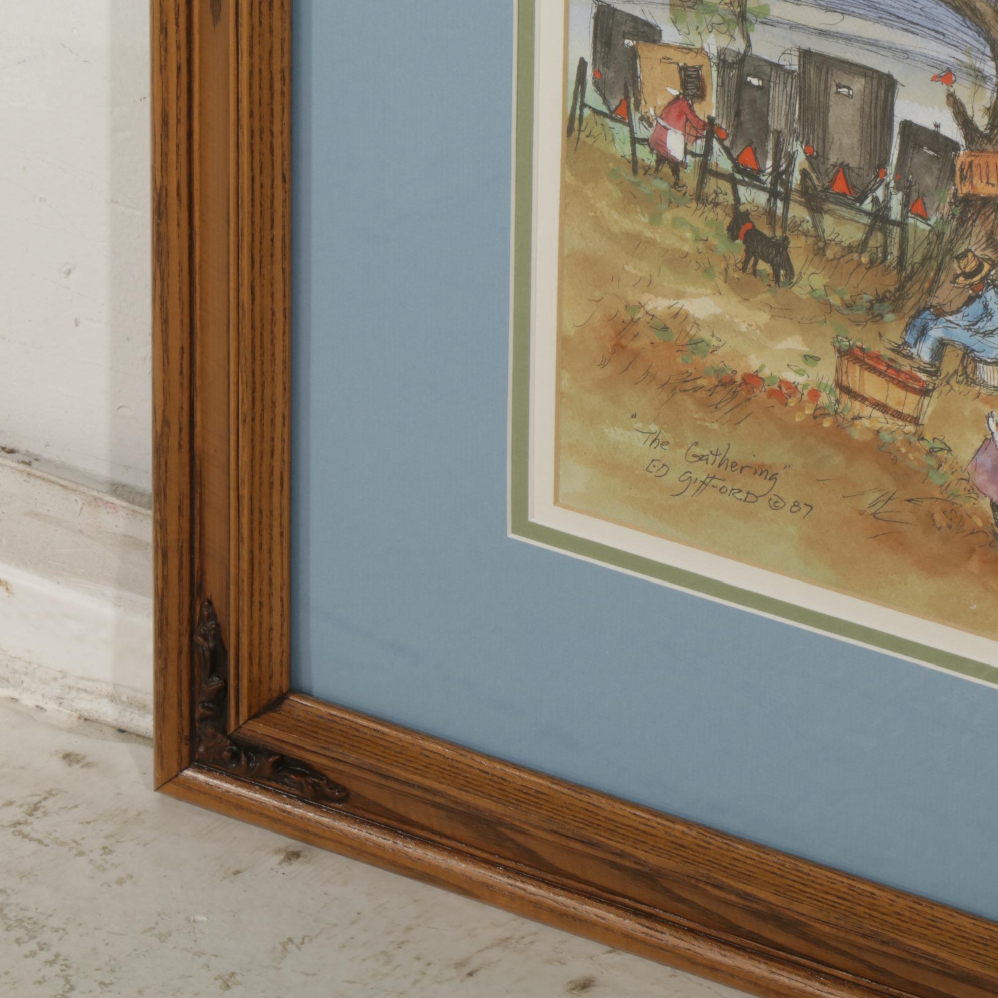 Ed Gifford "The Gathering" Watercolor Painting, 1987