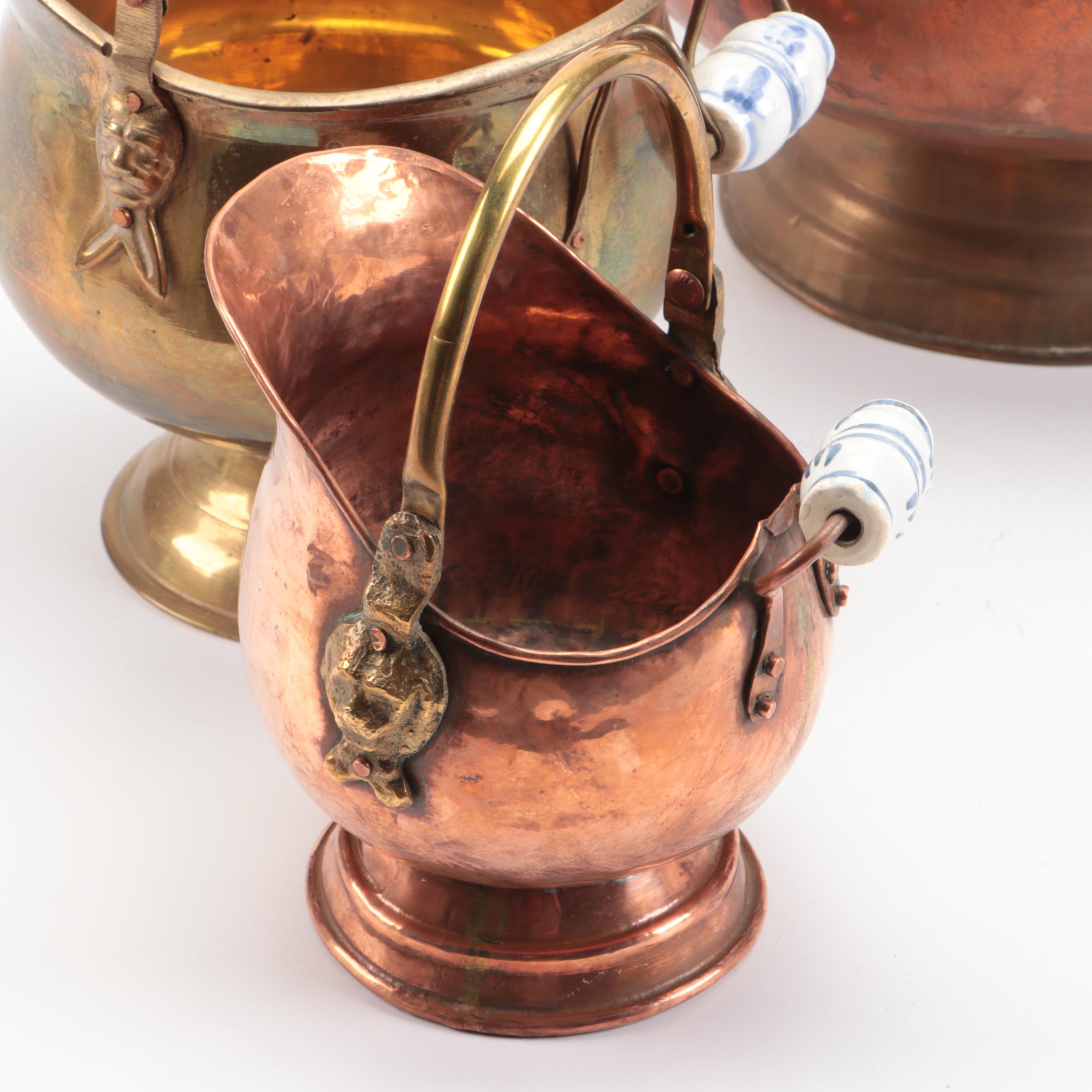 Dutch Style Copper and Brass Coal Ash Buckets with Porcelain Handles