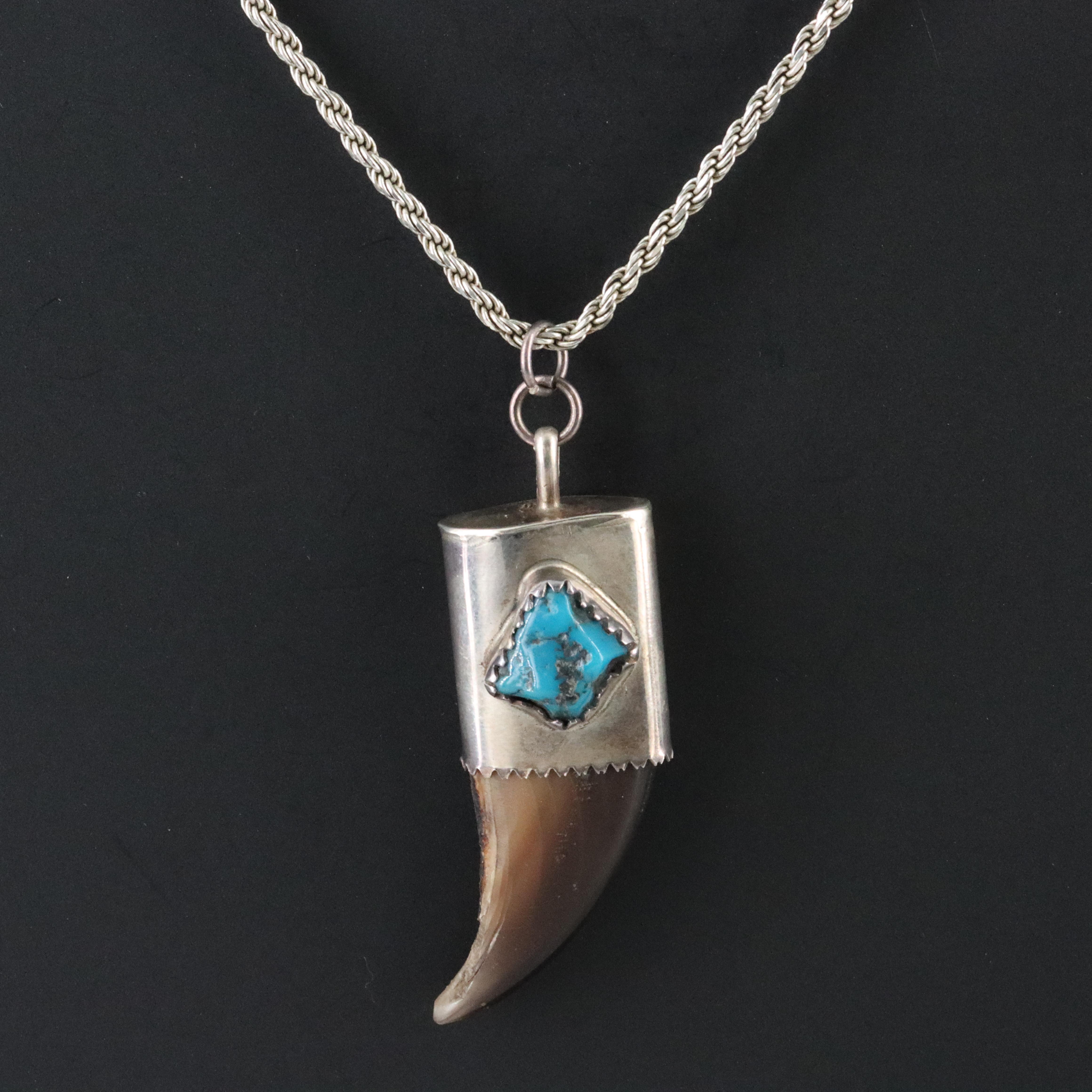 Sterling Black Bear Claw and Turquoise Pendant Necklace