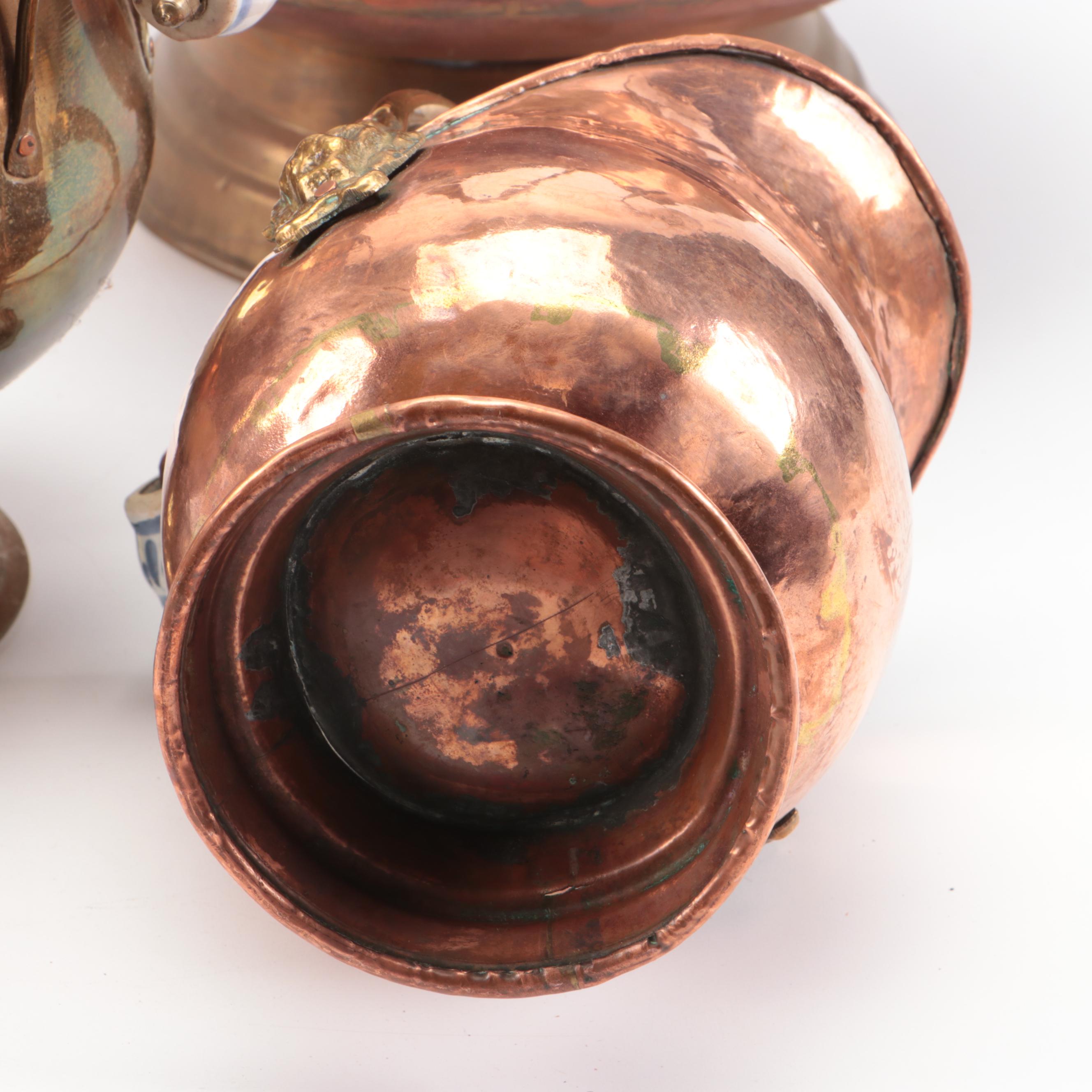 Dutch Style Copper and Brass Coal Ash Buckets with Porcelain Handles