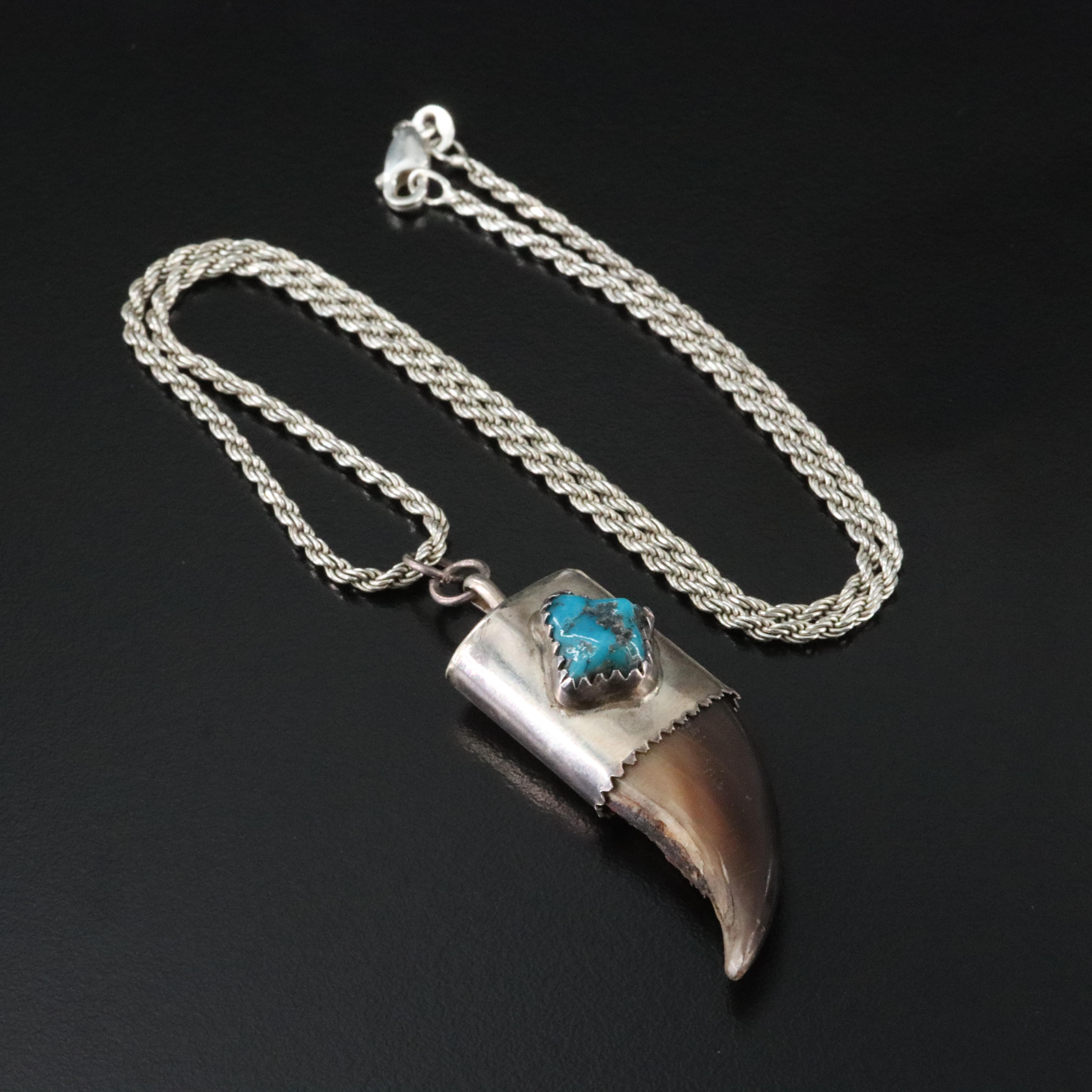Sterling Black Bear Claw and Turquoise Pendant Necklace