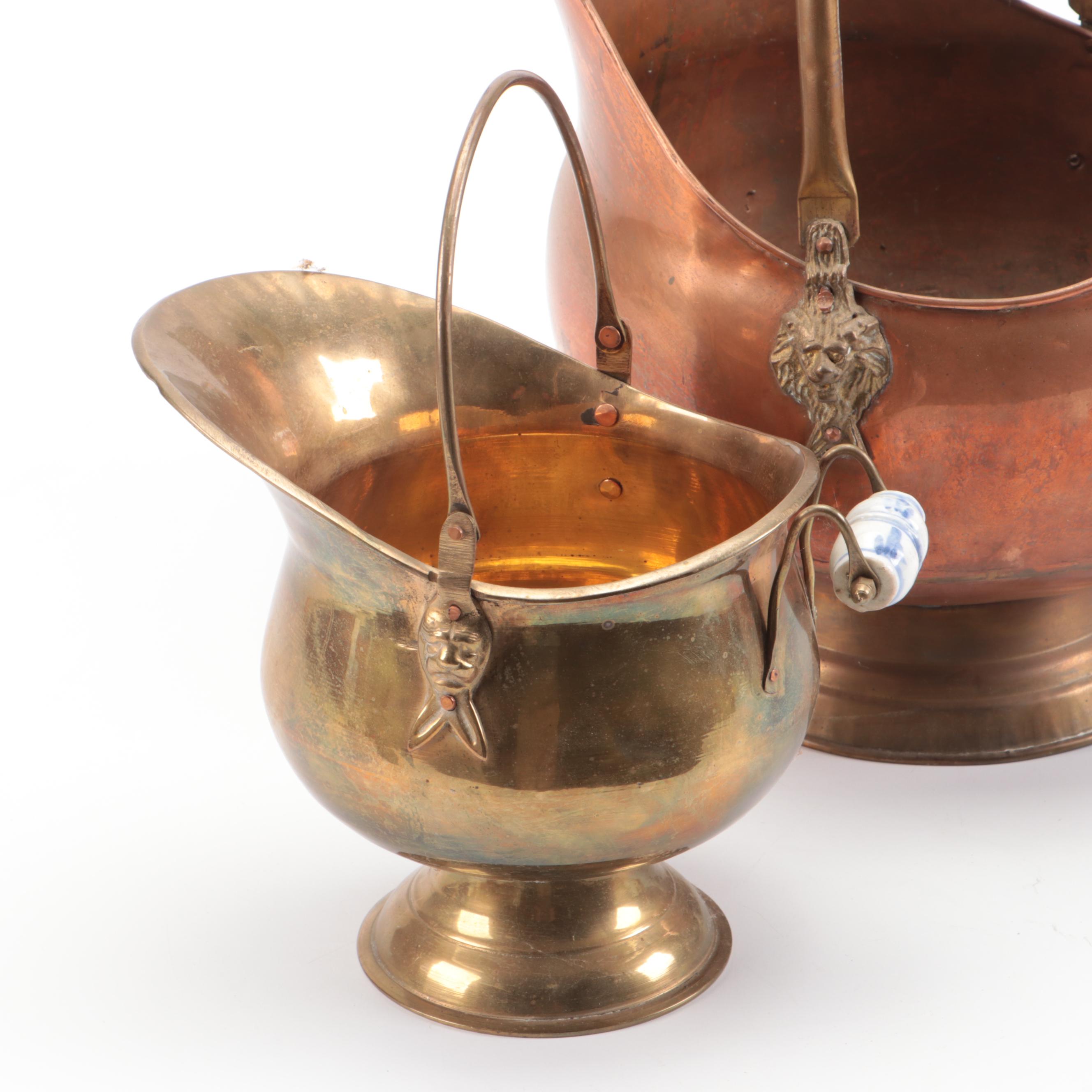 Dutch Style Copper and Brass Coal Ash Buckets with Porcelain Handles