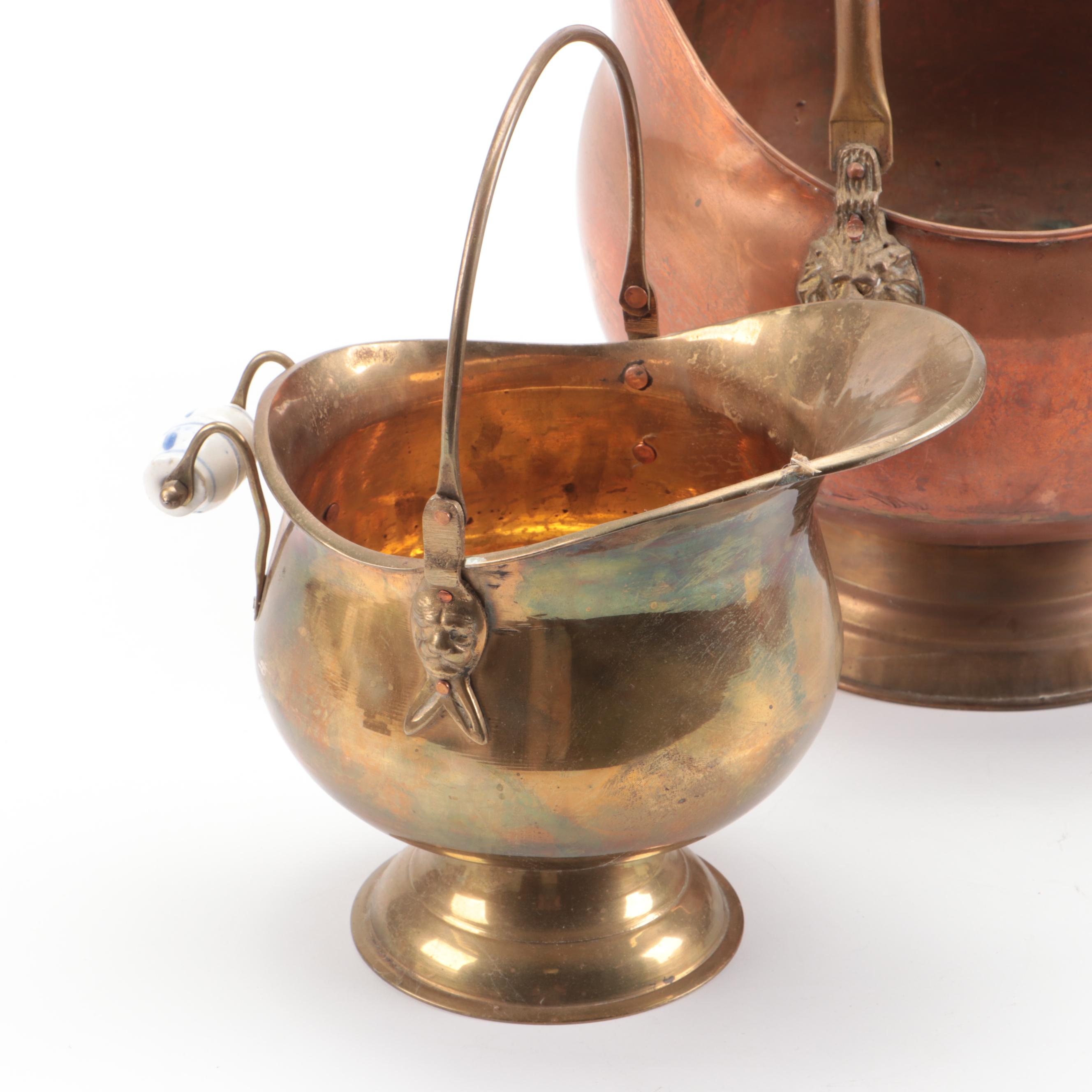 Dutch Style Copper and Brass Coal Ash Buckets with Porcelain Handles