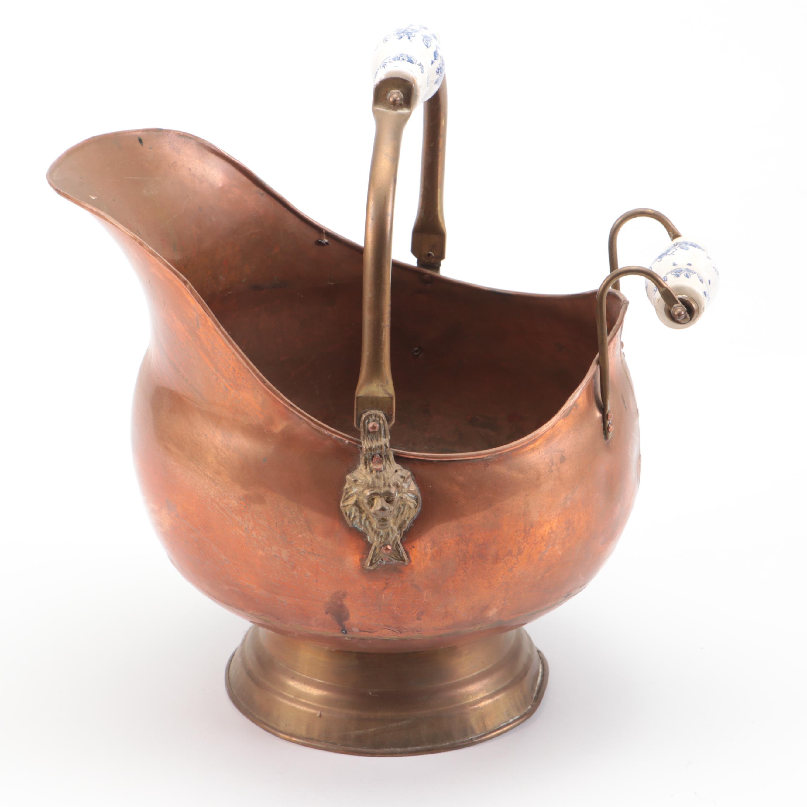 Dutch Style Copper and Brass Coal Ash Buckets with Porcelain Handles