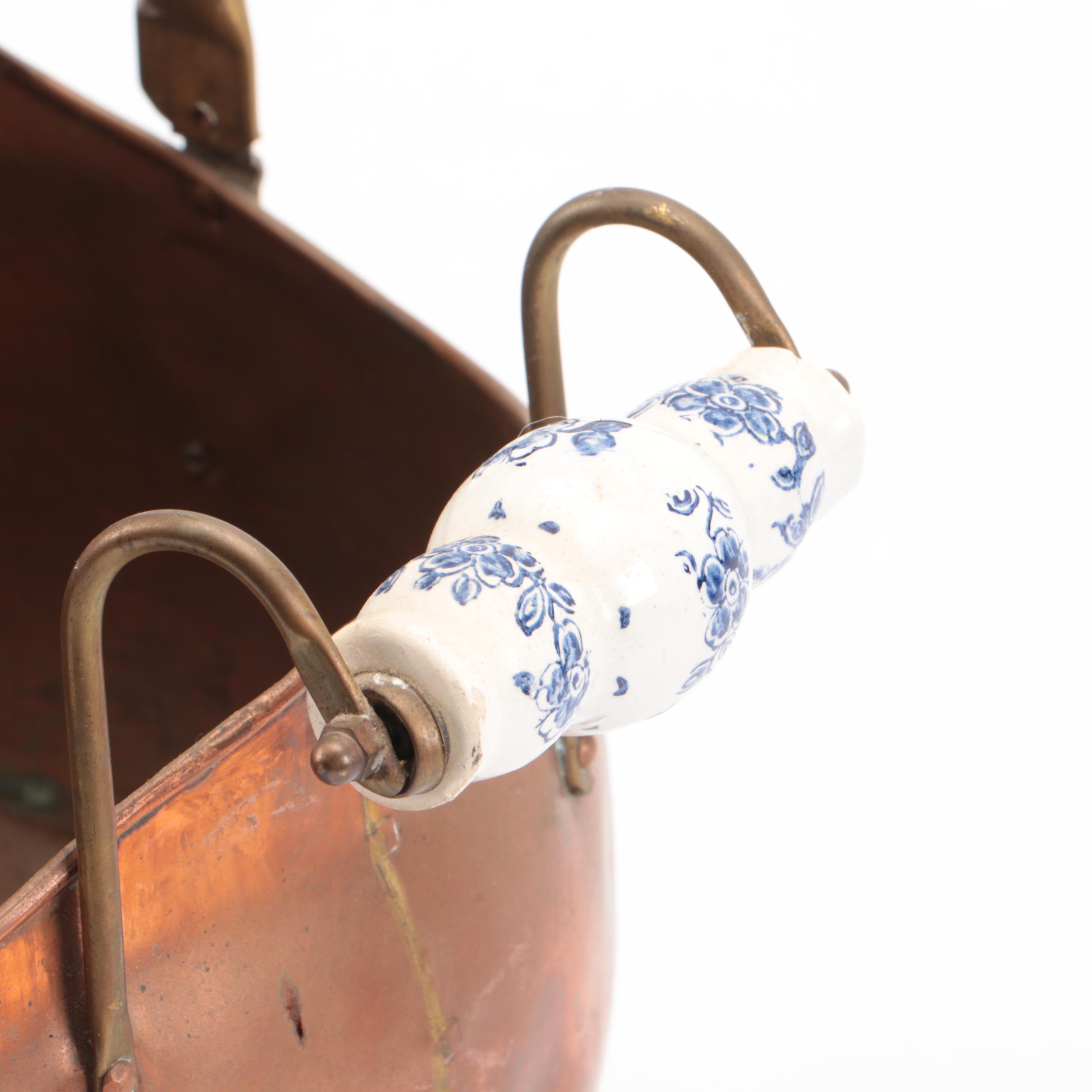 Dutch Style Copper and Brass Coal Ash Buckets with Porcelain Handles