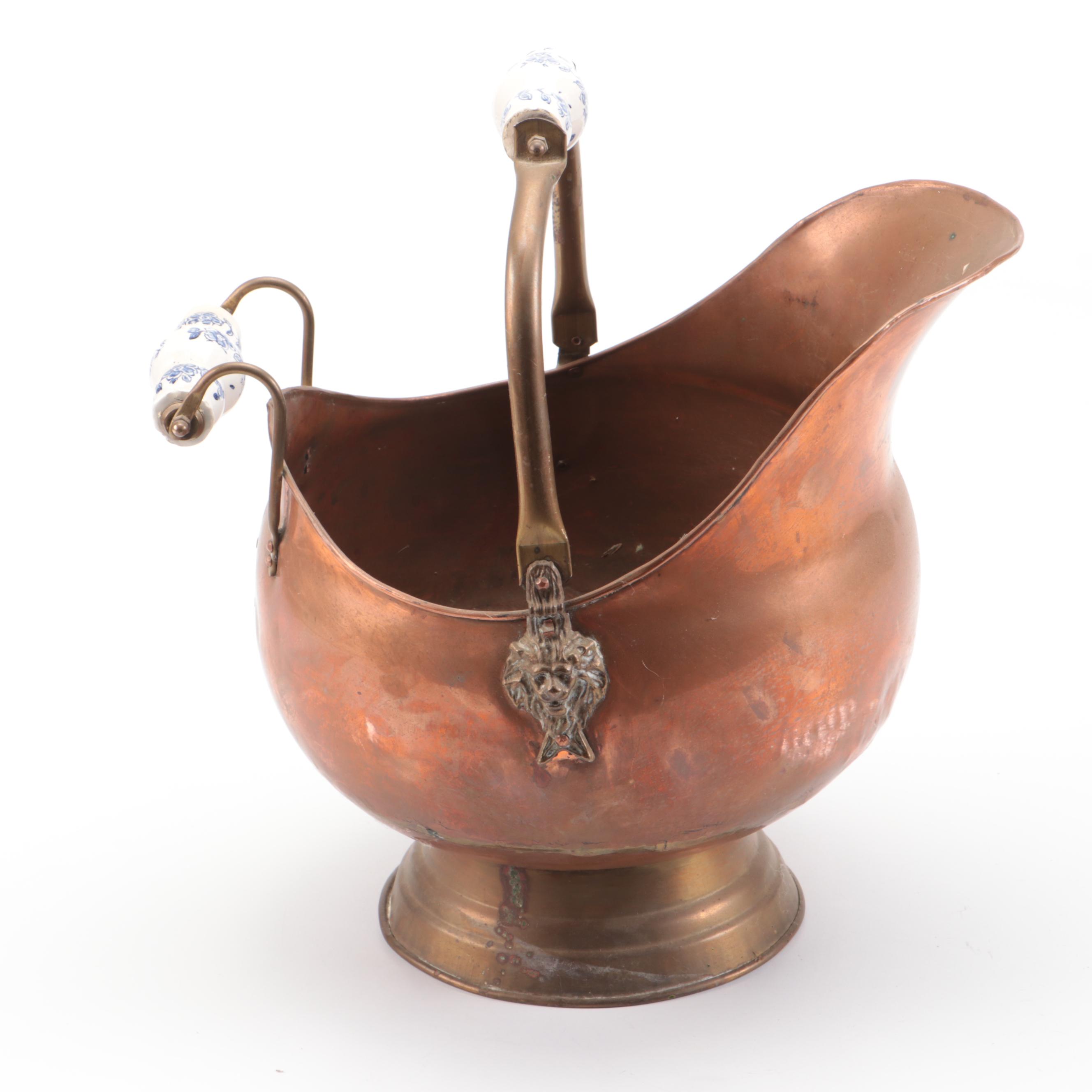 Dutch Style Copper and Brass Coal Ash Buckets with Porcelain Handles