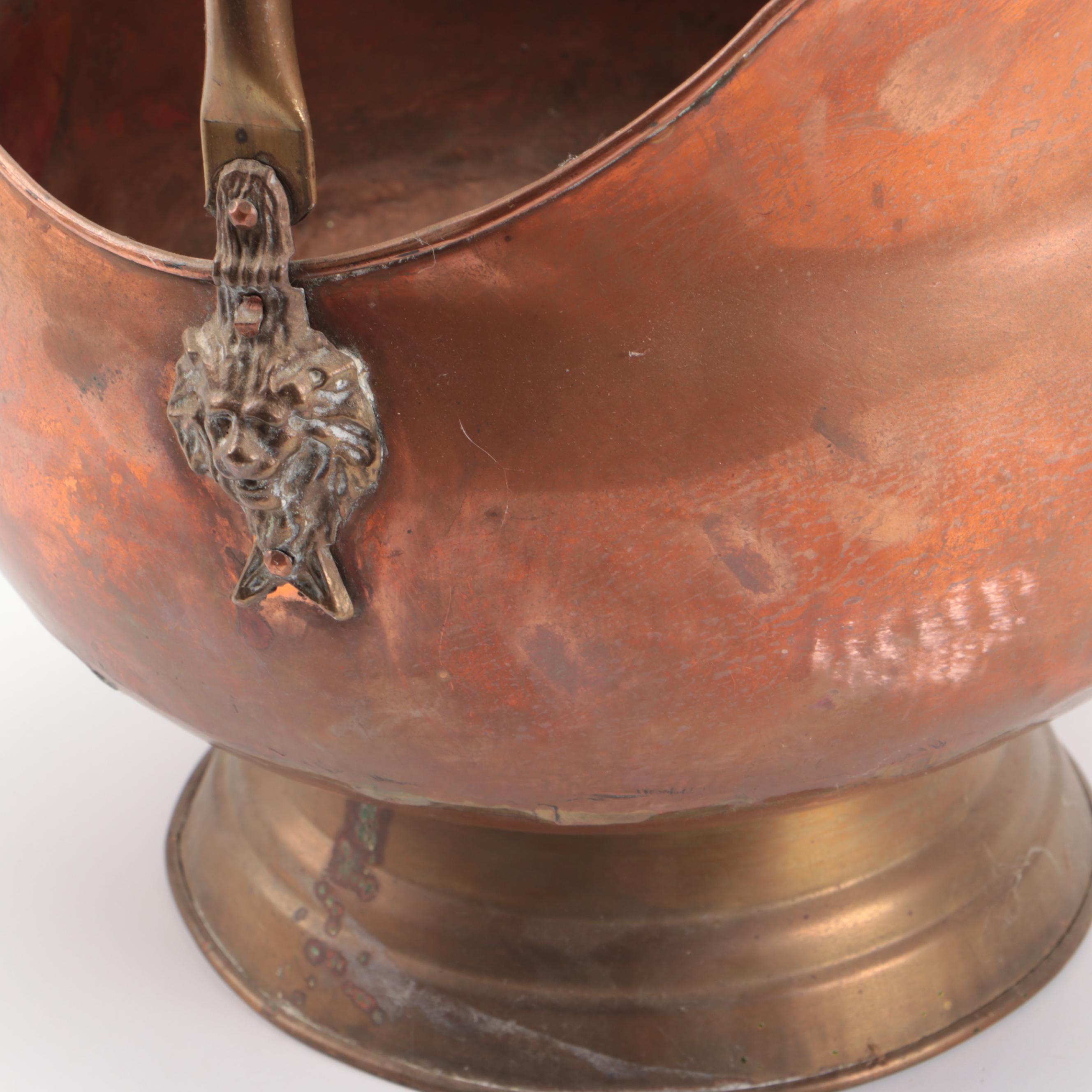 Dutch Style Copper and Brass Coal Ash Buckets with Porcelain Handles