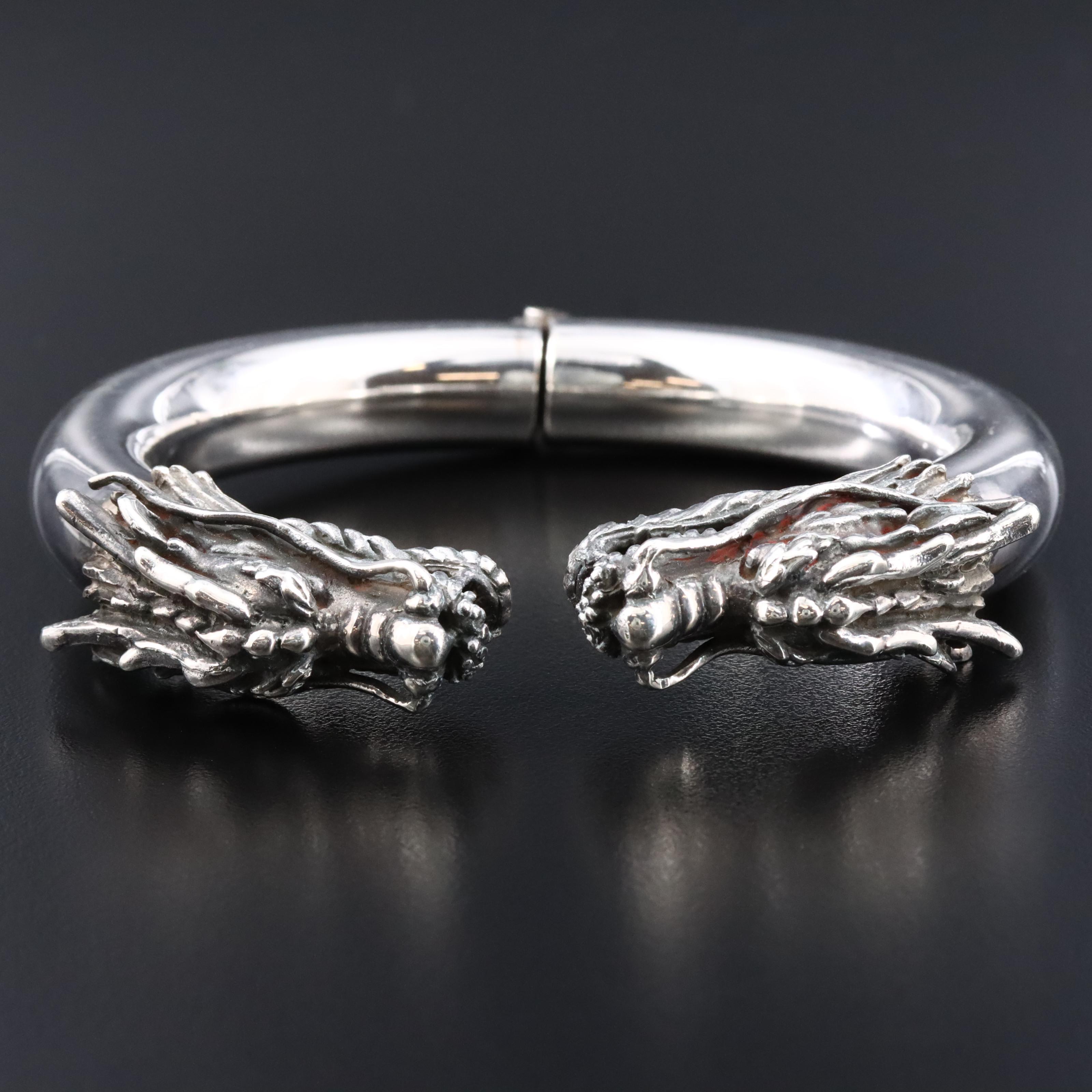 Sterling Dragon Head Hinged Cuff