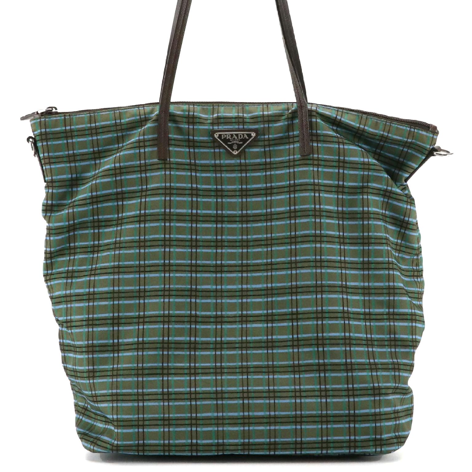 Prada Two-Way Zip Tote in Blue/Green Plaid Tessuto Nylon and Leather Straps