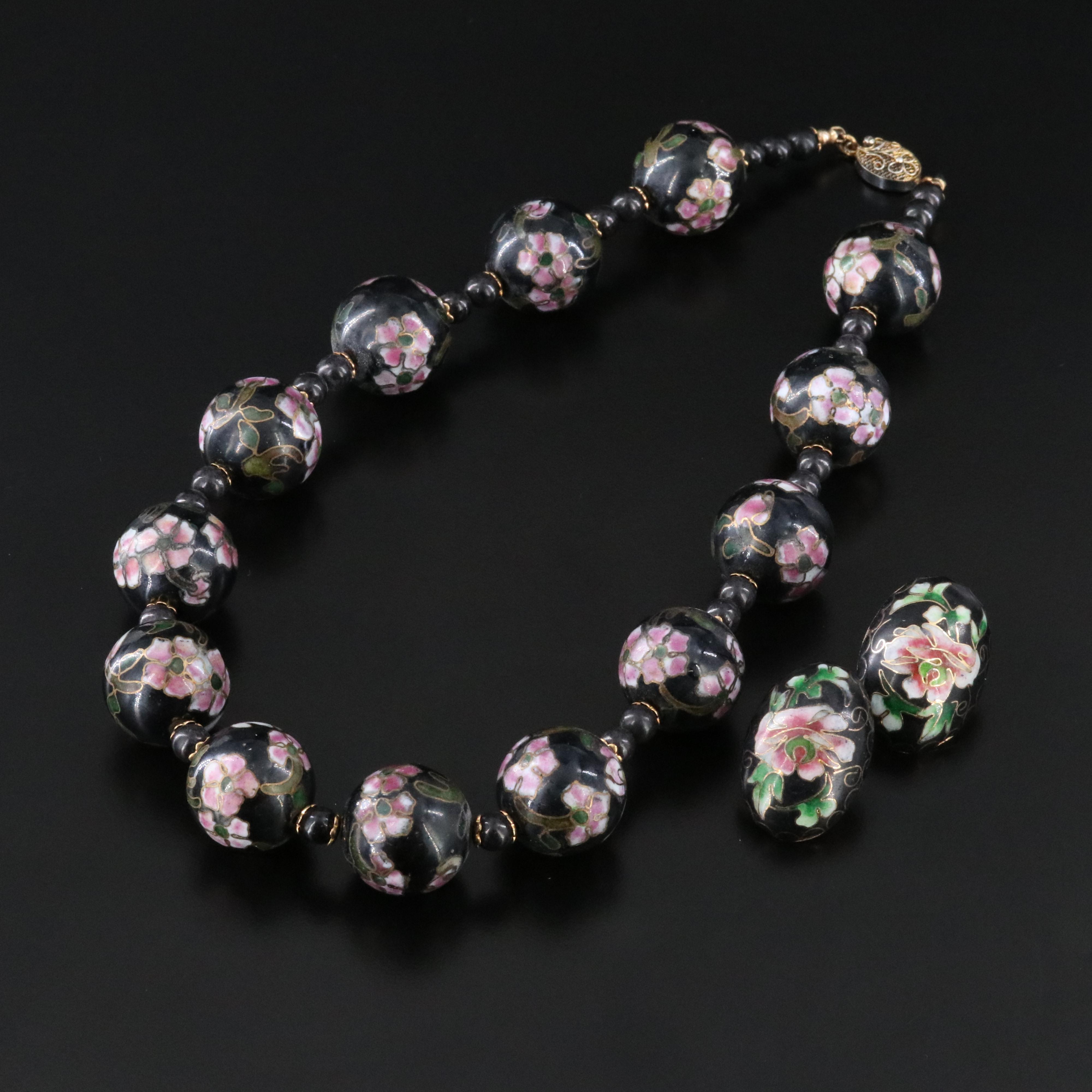 Vintage Floral Accented Enamel Earrings and Necklace Set