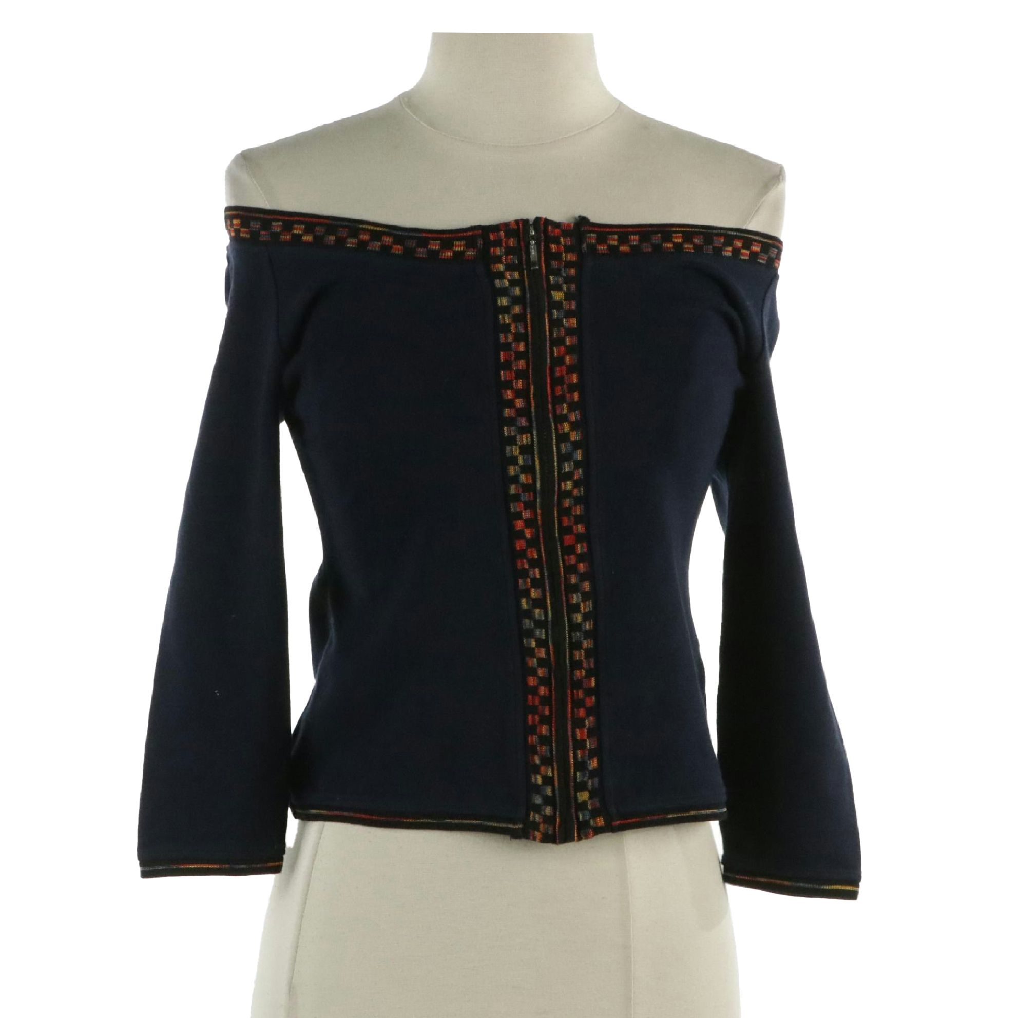 Jean Paul Gaultier Femme Navy Knit 3/4 Sleeve Off-The-Shoulder Zip Sweater