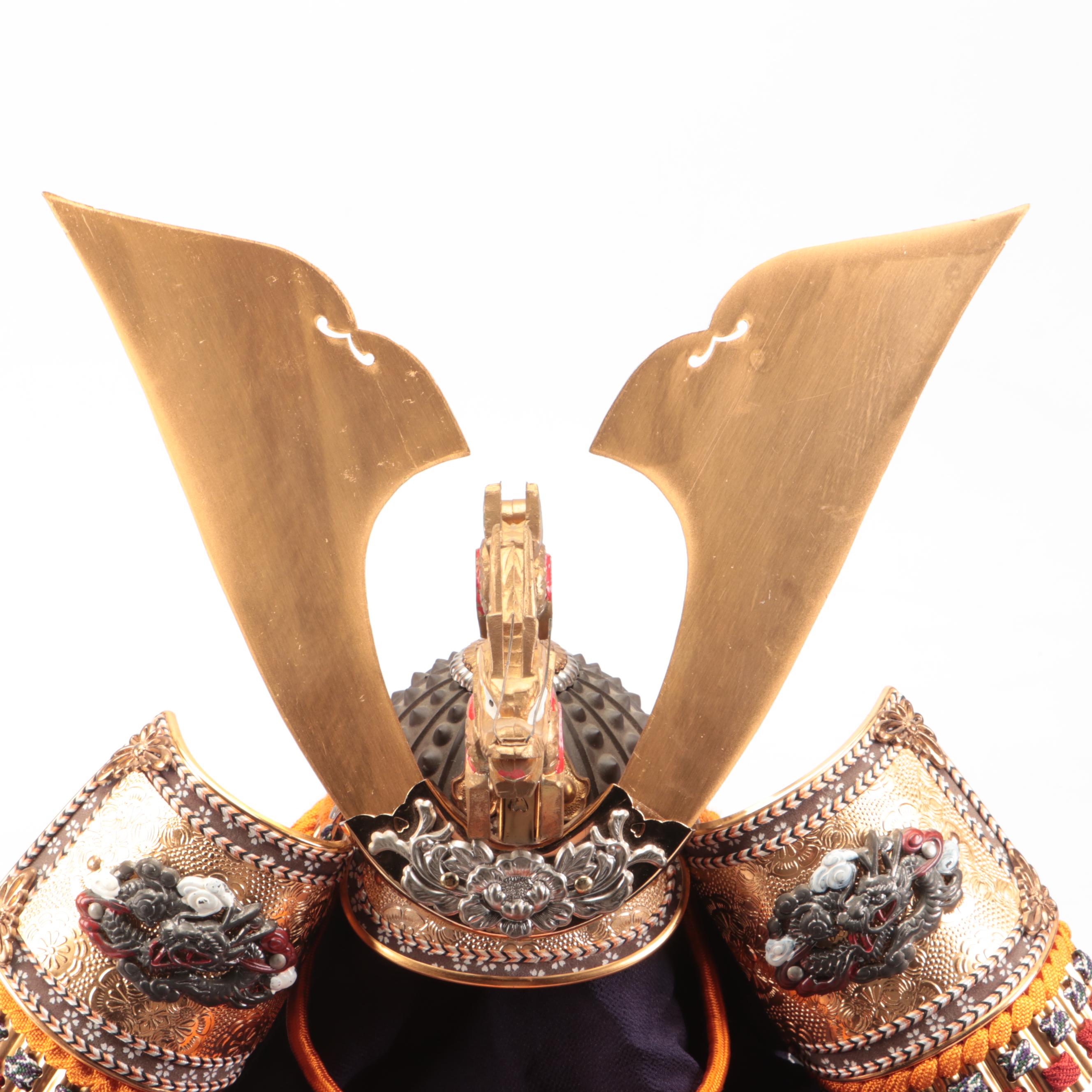 Replica of Japanese Samurai Kabuto Helmet with Decorative Wood Storage Box