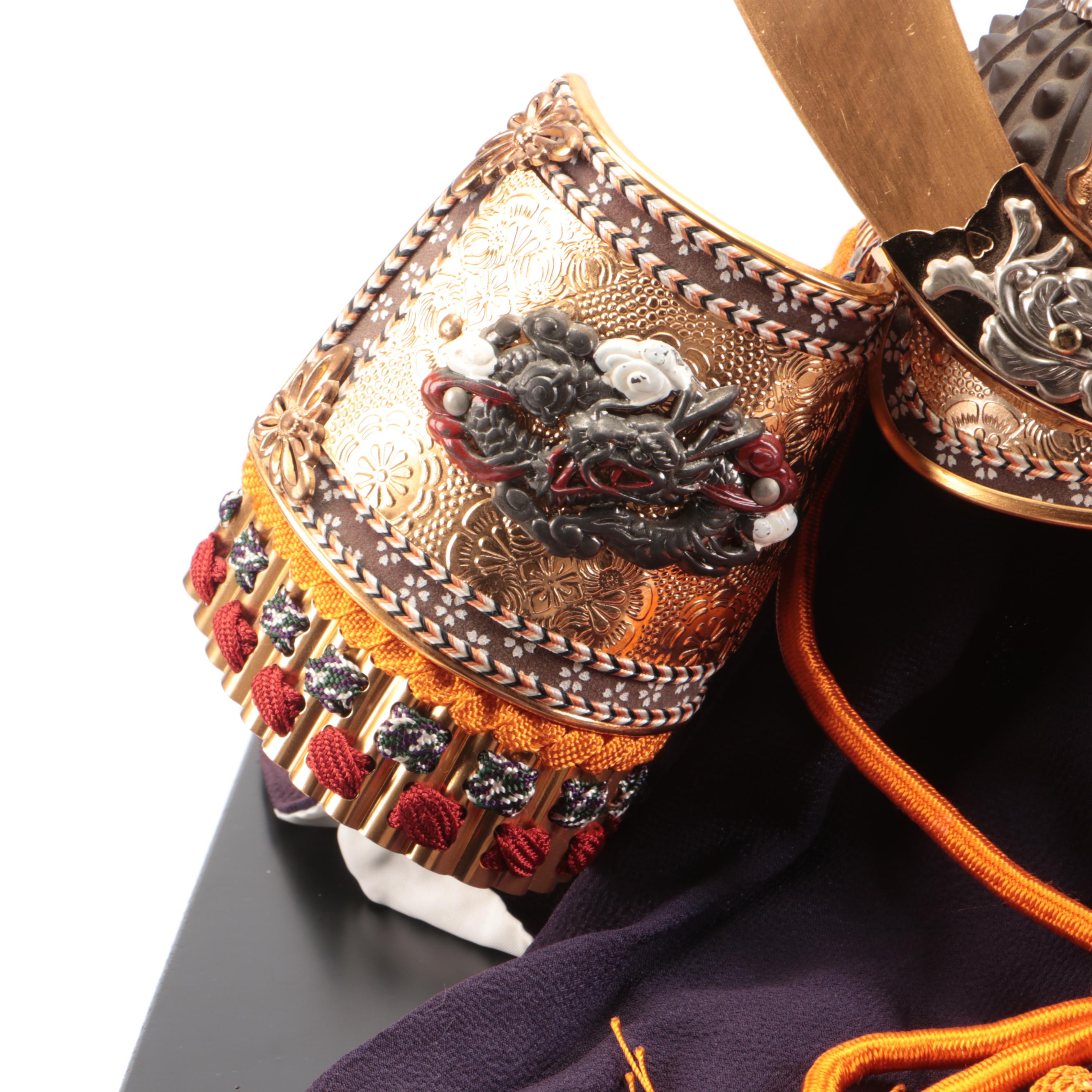 Replica of Japanese Samurai Kabuto Helmet with Decorative Wood Storage Box