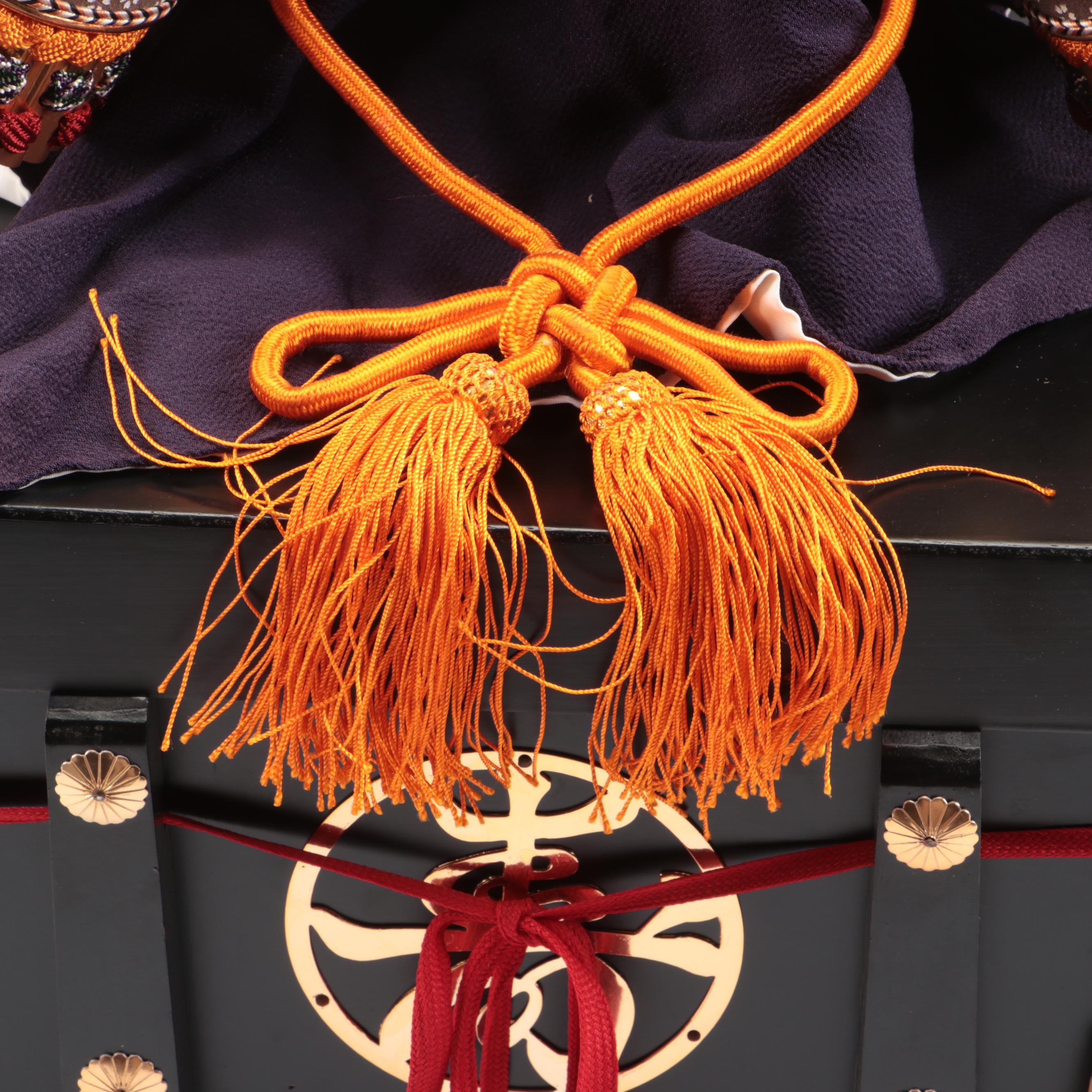 Replica of Japanese Samurai Kabuto Helmet with Decorative Wood Storage Box