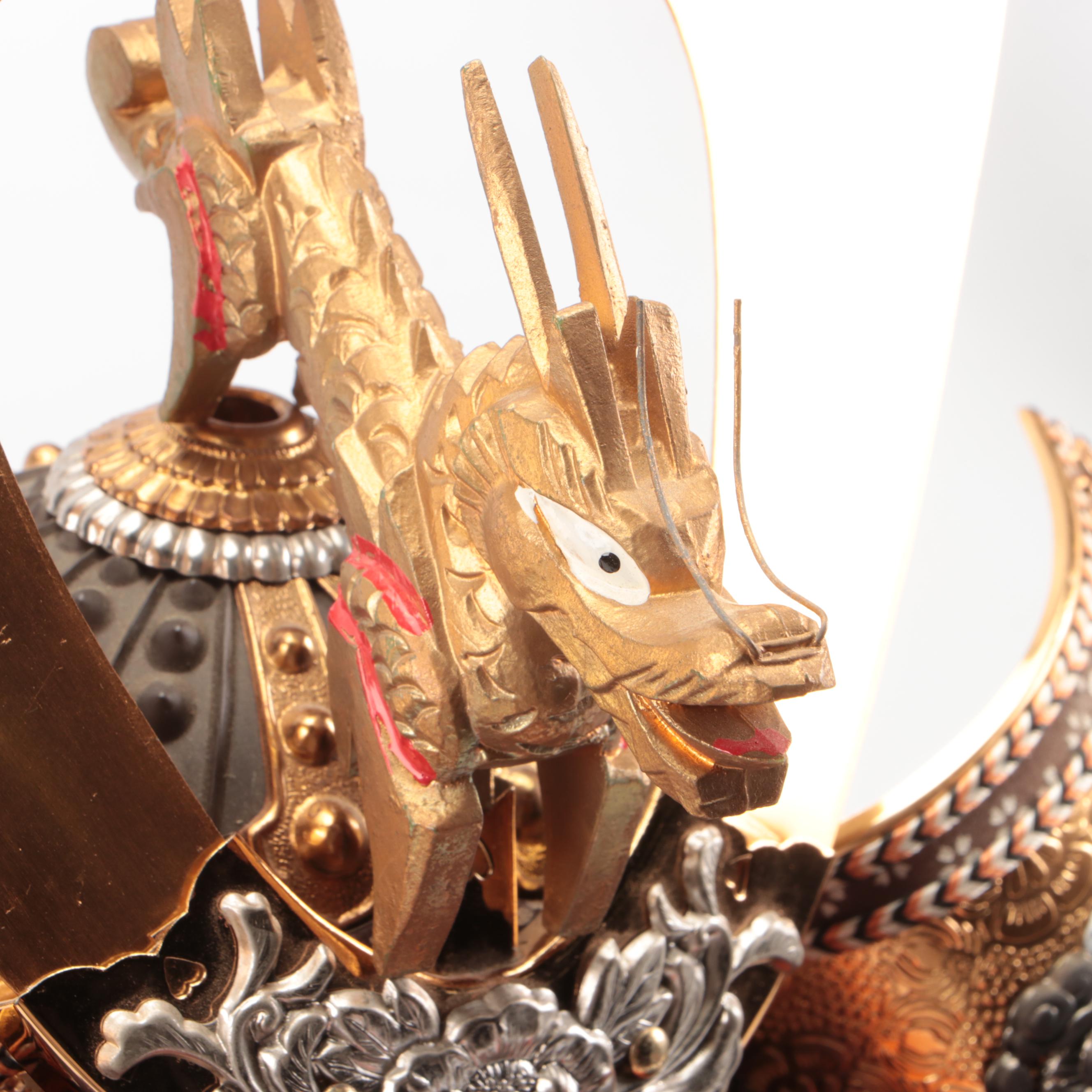 Replica of Japanese Samurai Kabuto Helmet with Decorative Wood Storage Box