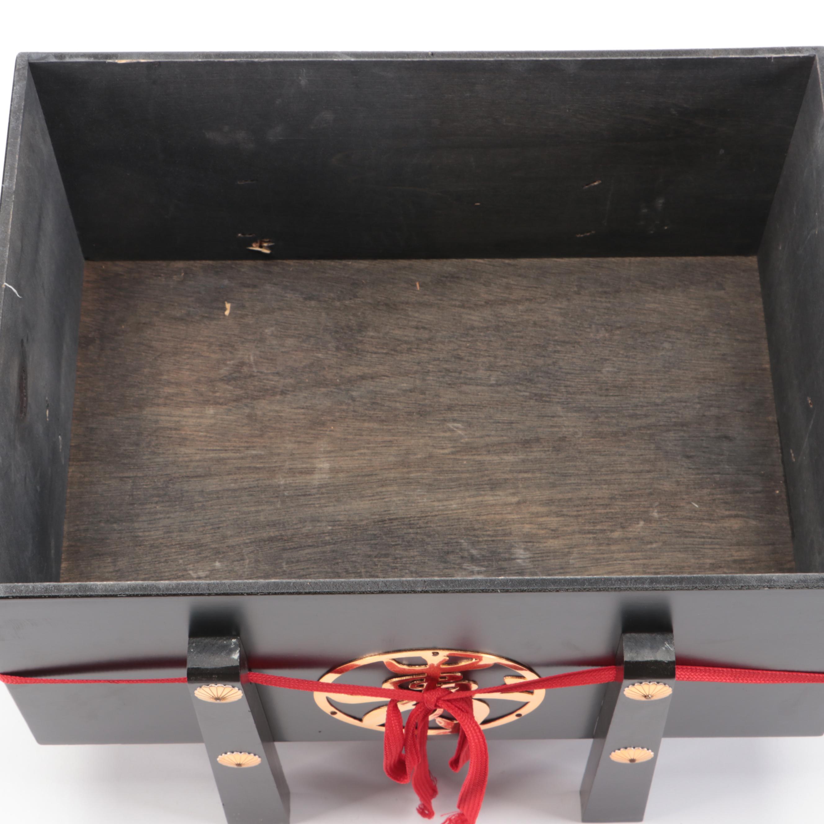 Replica of Japanese Samurai Kabuto Helmet with Decorative Wood Storage Box