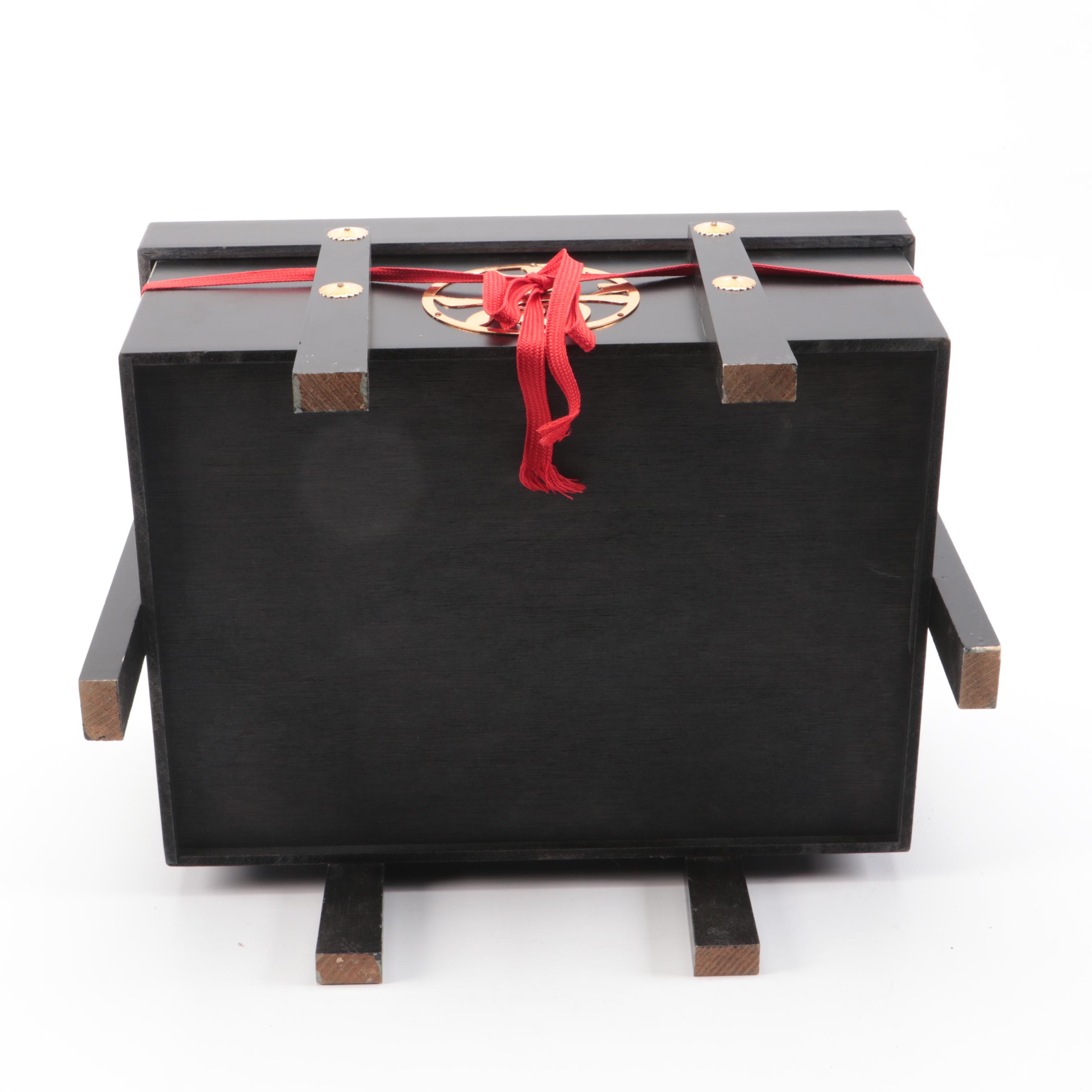 Replica of Japanese Samurai Kabuto Helmet with Decorative Wood Storage Box