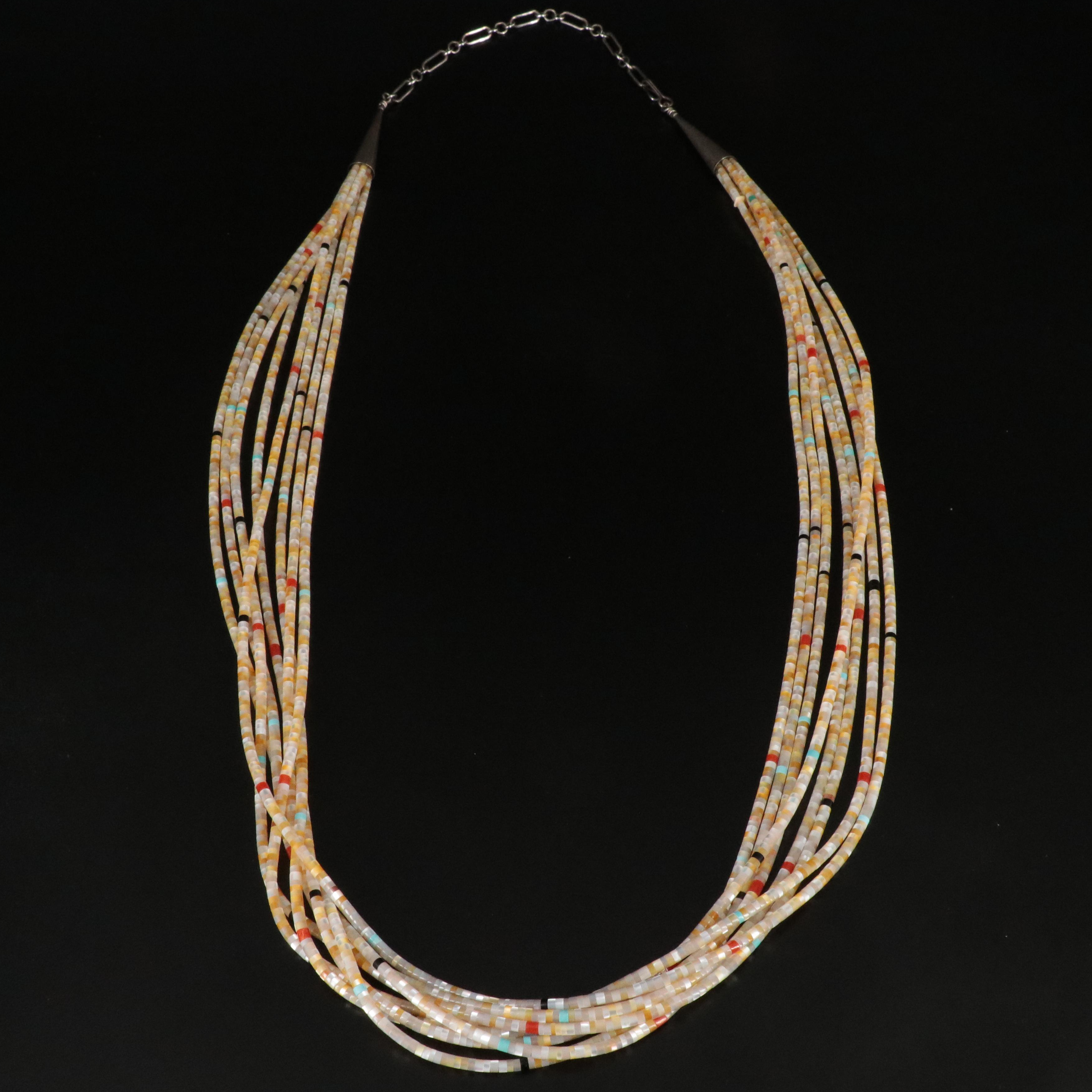 Southwestern Sterling Mother-of-Pearl & Coral Multi-Strand Heishi Bead Necklace