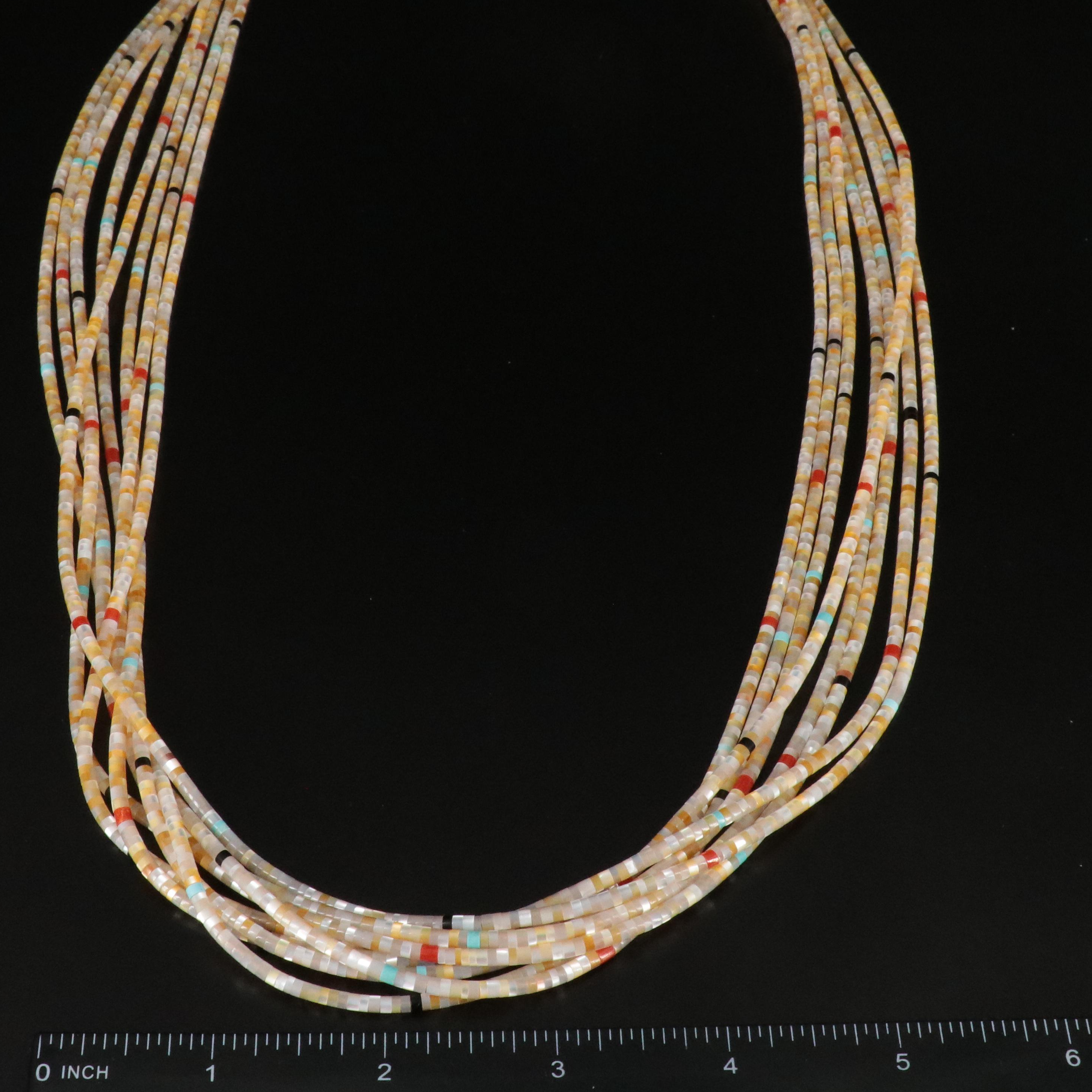 Southwestern Sterling Mother-of-Pearl & Coral Multi-Strand Heishi Bead Necklace