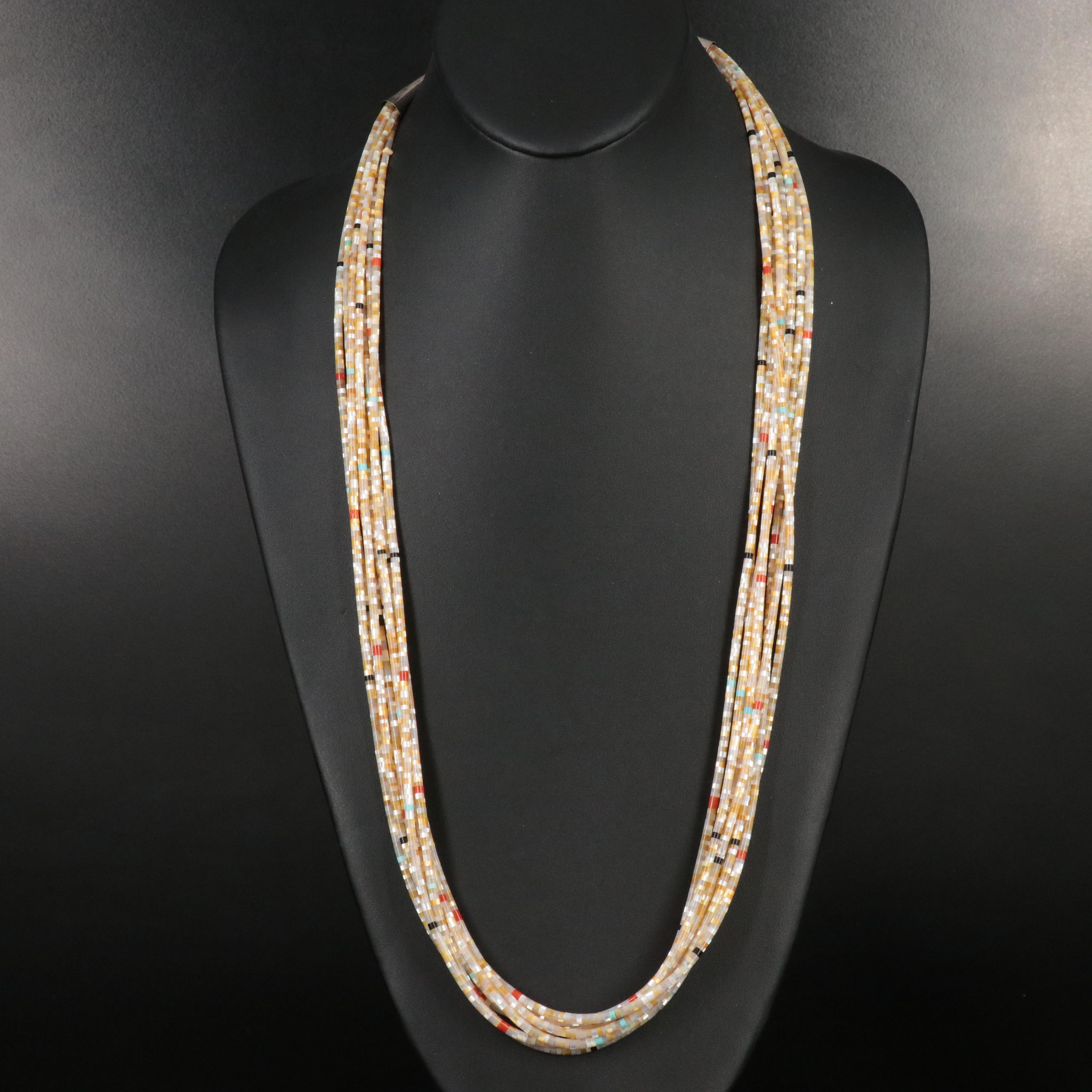 Southwestern Sterling Mother-of-Pearl & Coral Multi-Strand Heishi Bead Necklace