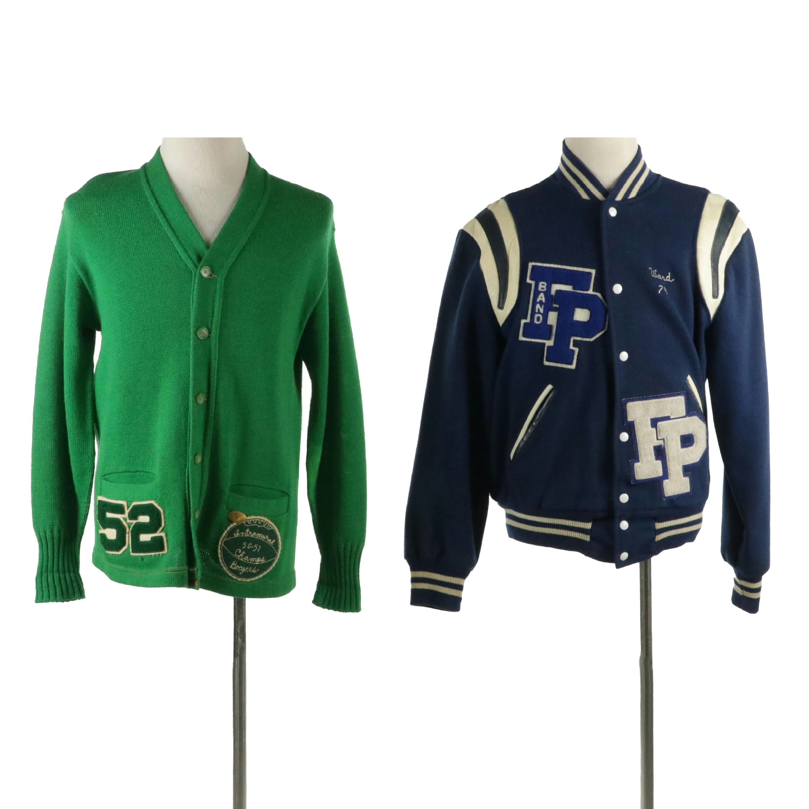 Men's Vintage Forest Park Wool Letterman Jacket and Wool Knit V-Neck Cardigan