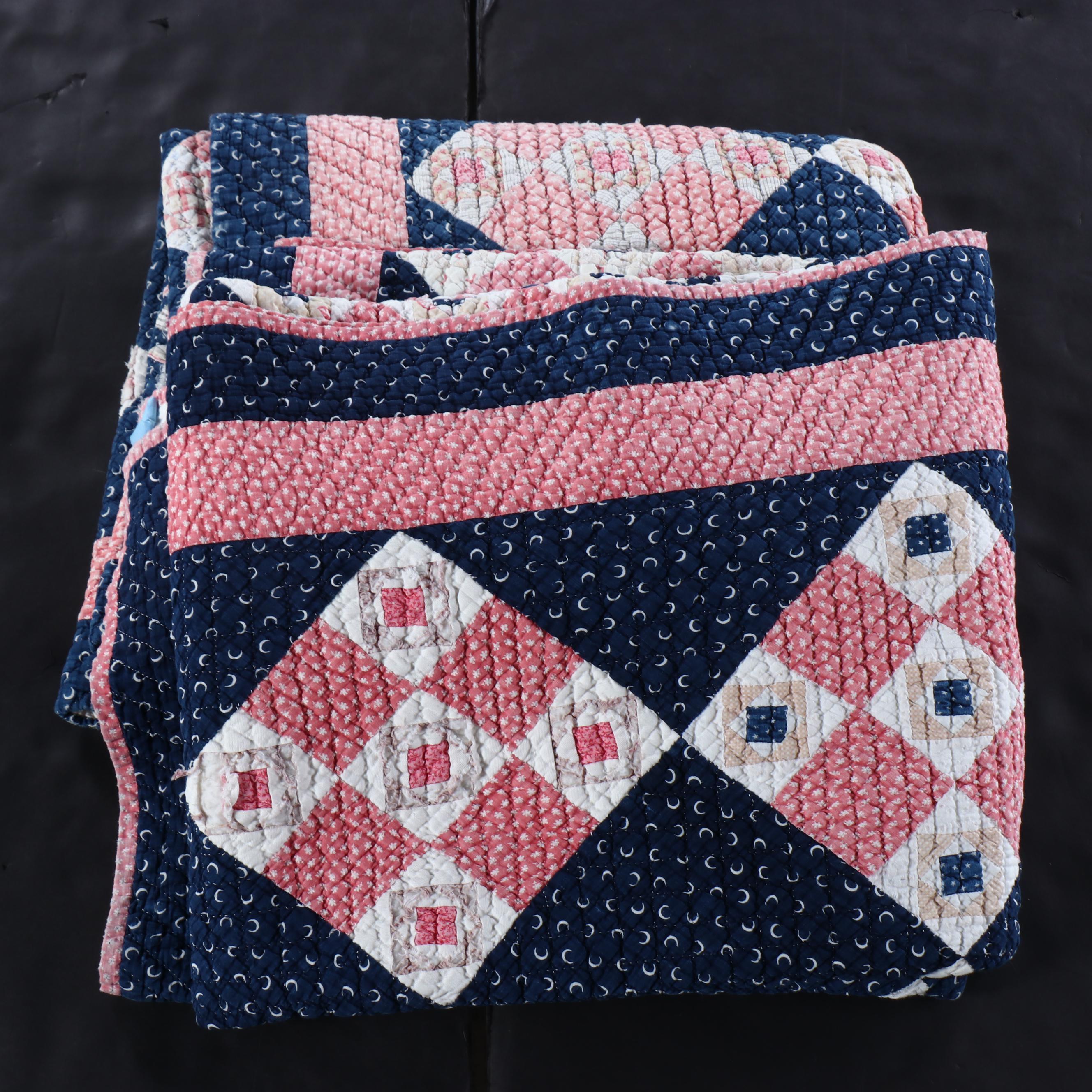 Handcrafted Applique Red and Blue Diamond Cotton Quilts