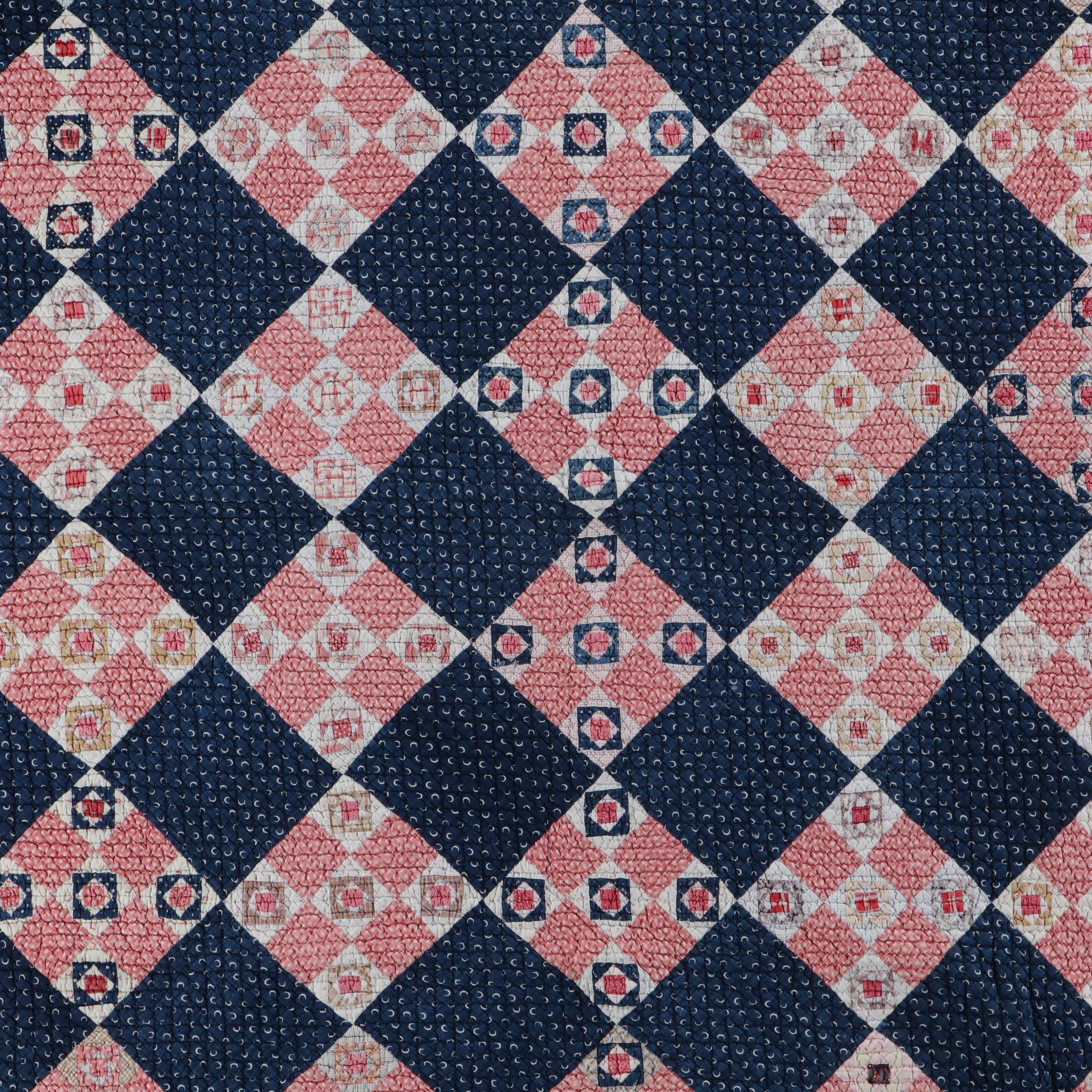 Handcrafted Applique Red and Blue Diamond Cotton Quilts