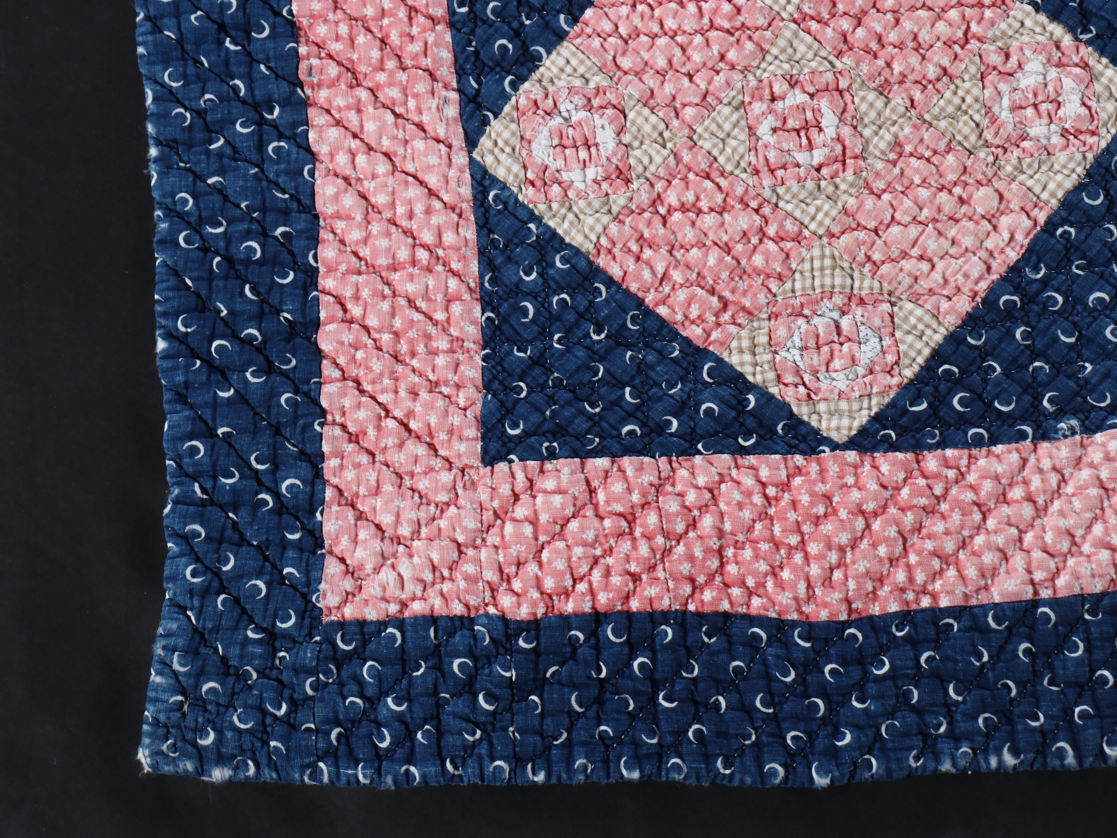 Handcrafted Applique Red and Blue Diamond Cotton Quilts