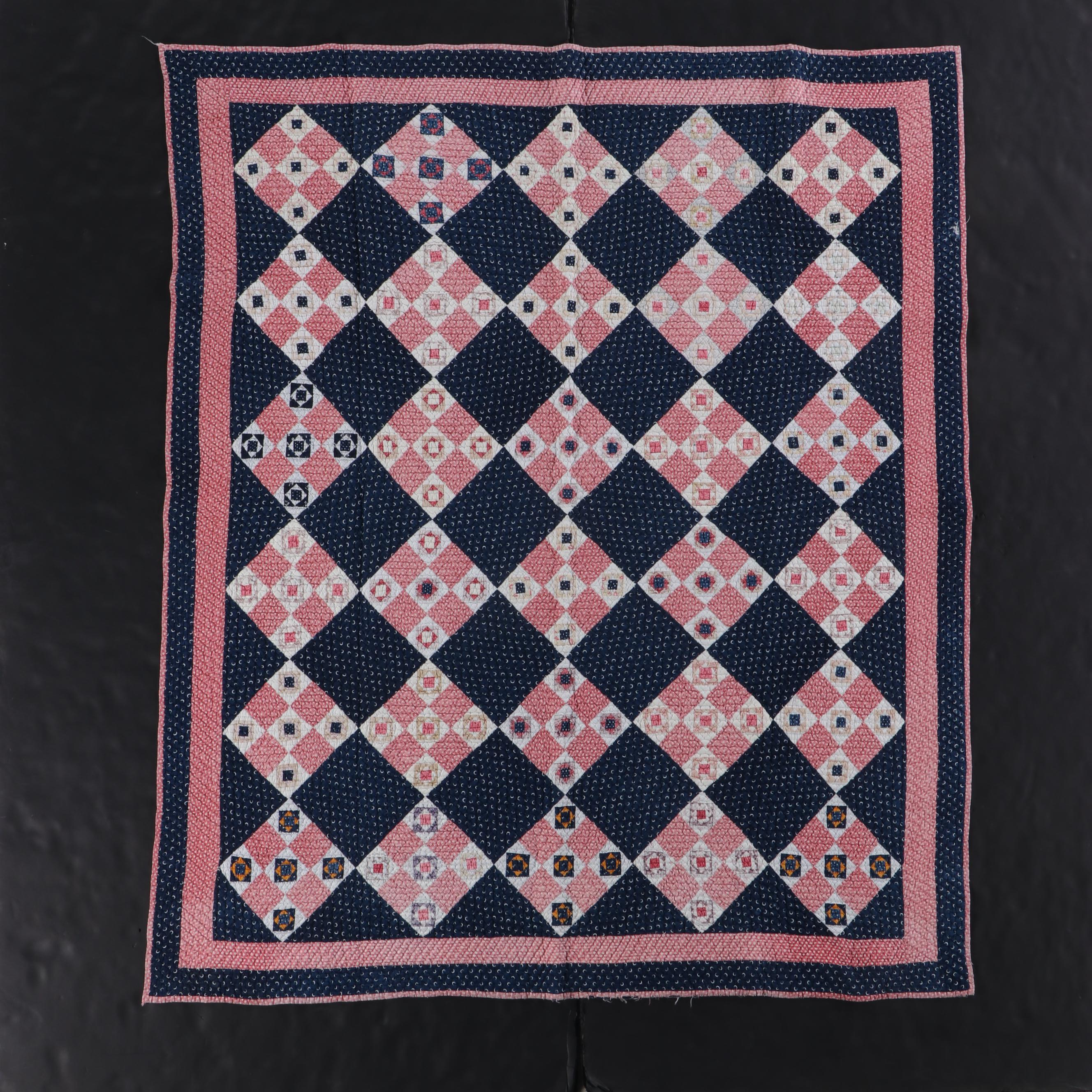 Handcrafted Applique Red and Blue Diamond Cotton Quilts