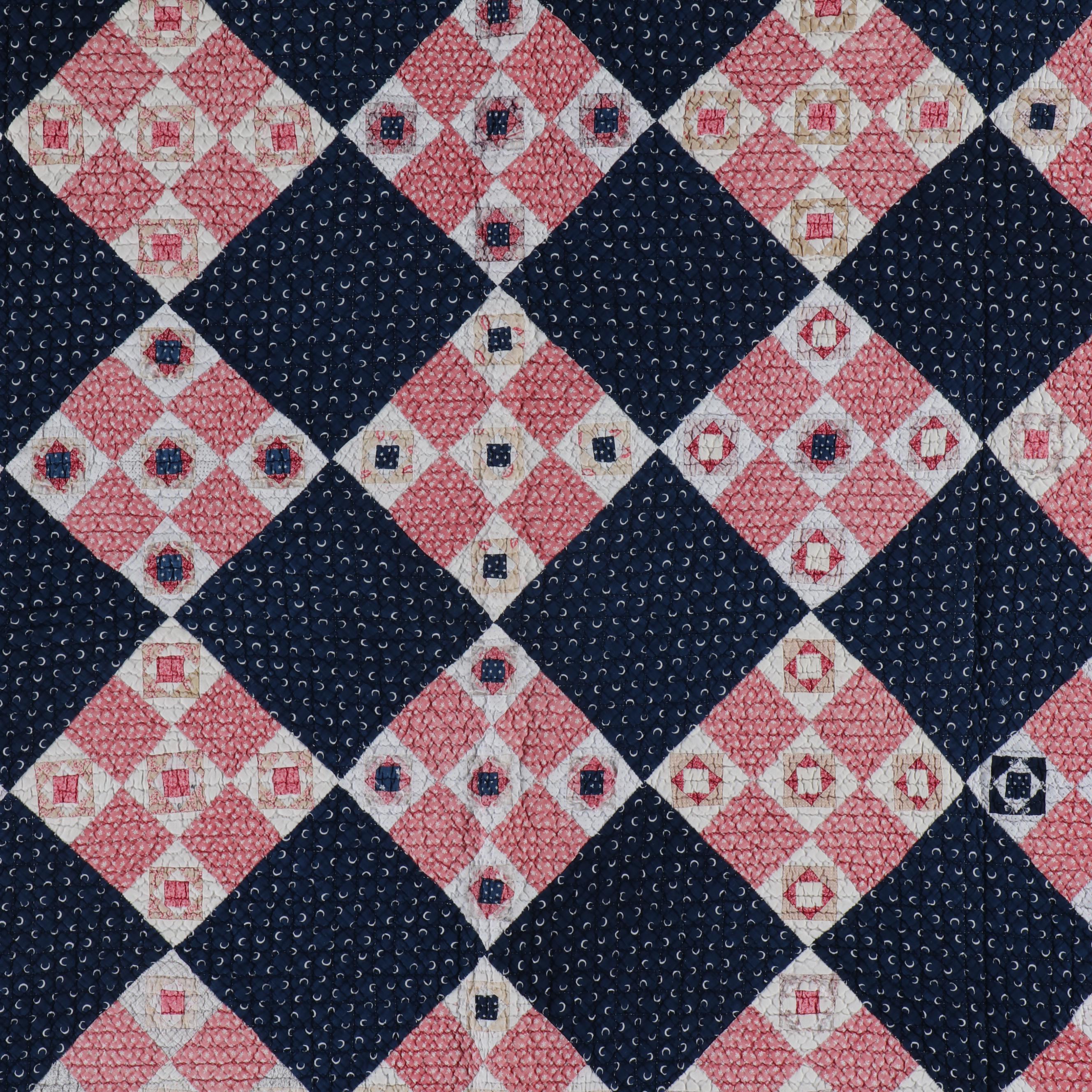 Handcrafted Applique Red and Blue Diamond Cotton Quilts