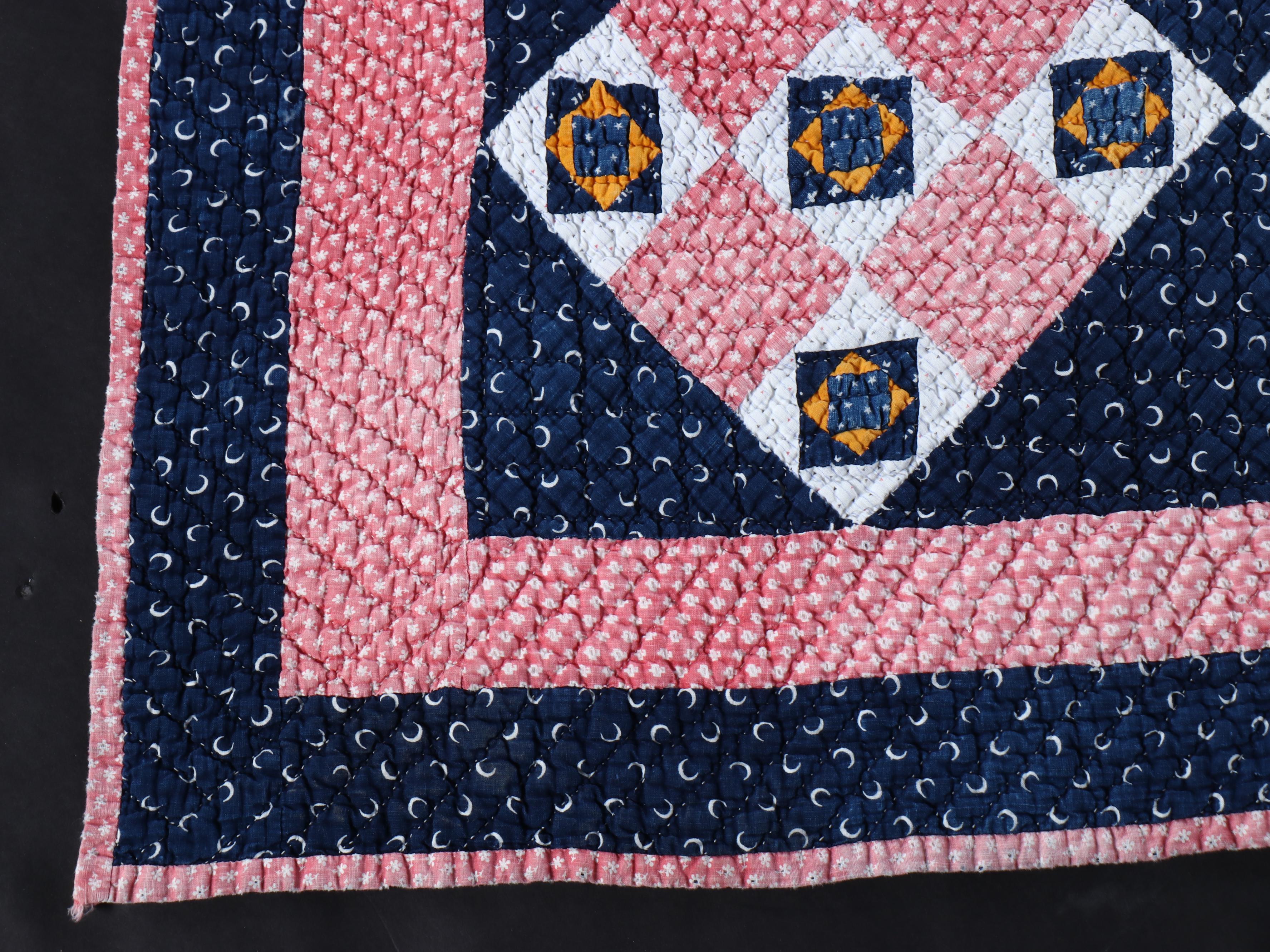 Handcrafted Applique Red and Blue Diamond Cotton Quilts