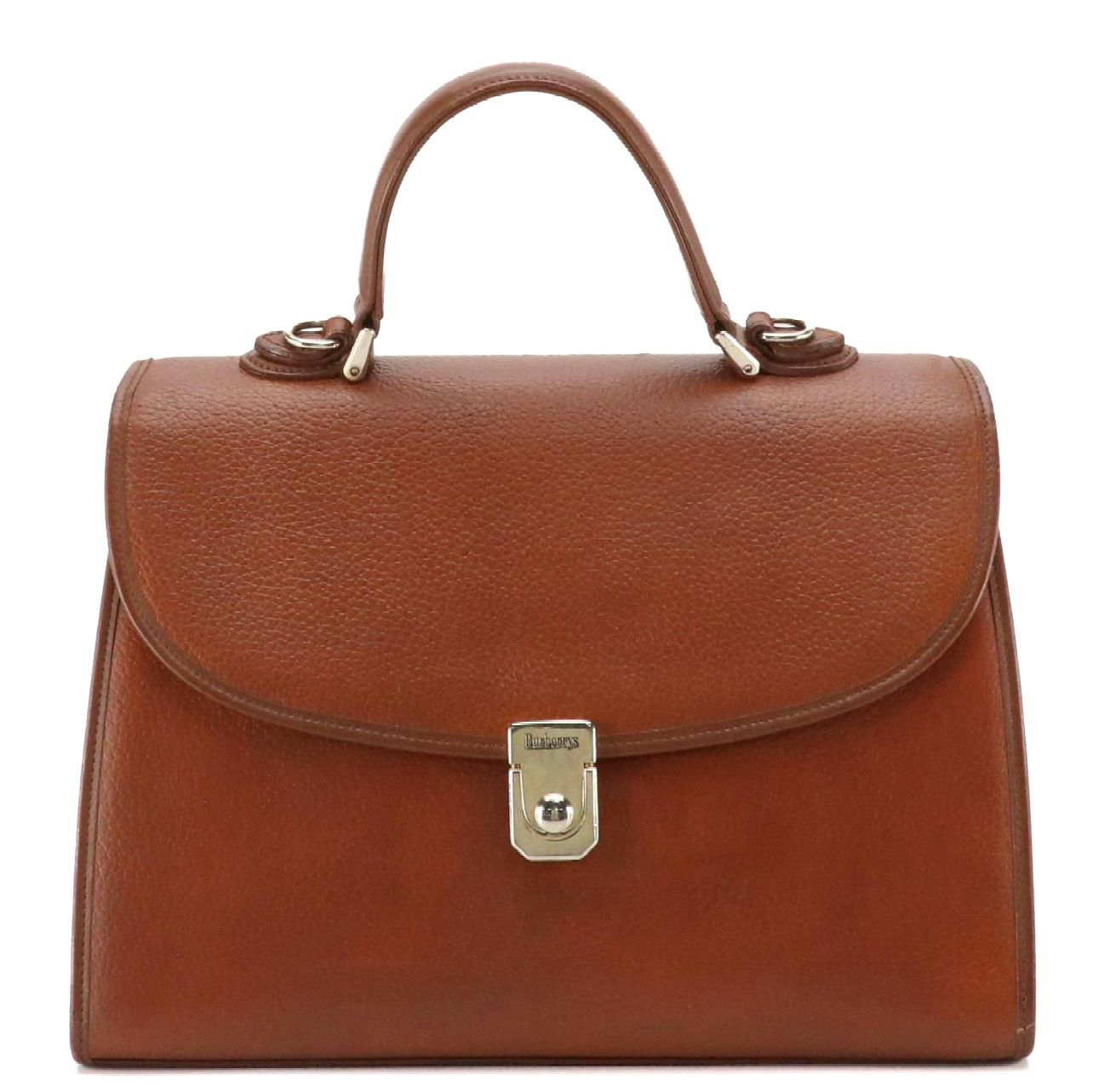 Burberrys Front Flap Top Handle Bag in Brown Grained Leather