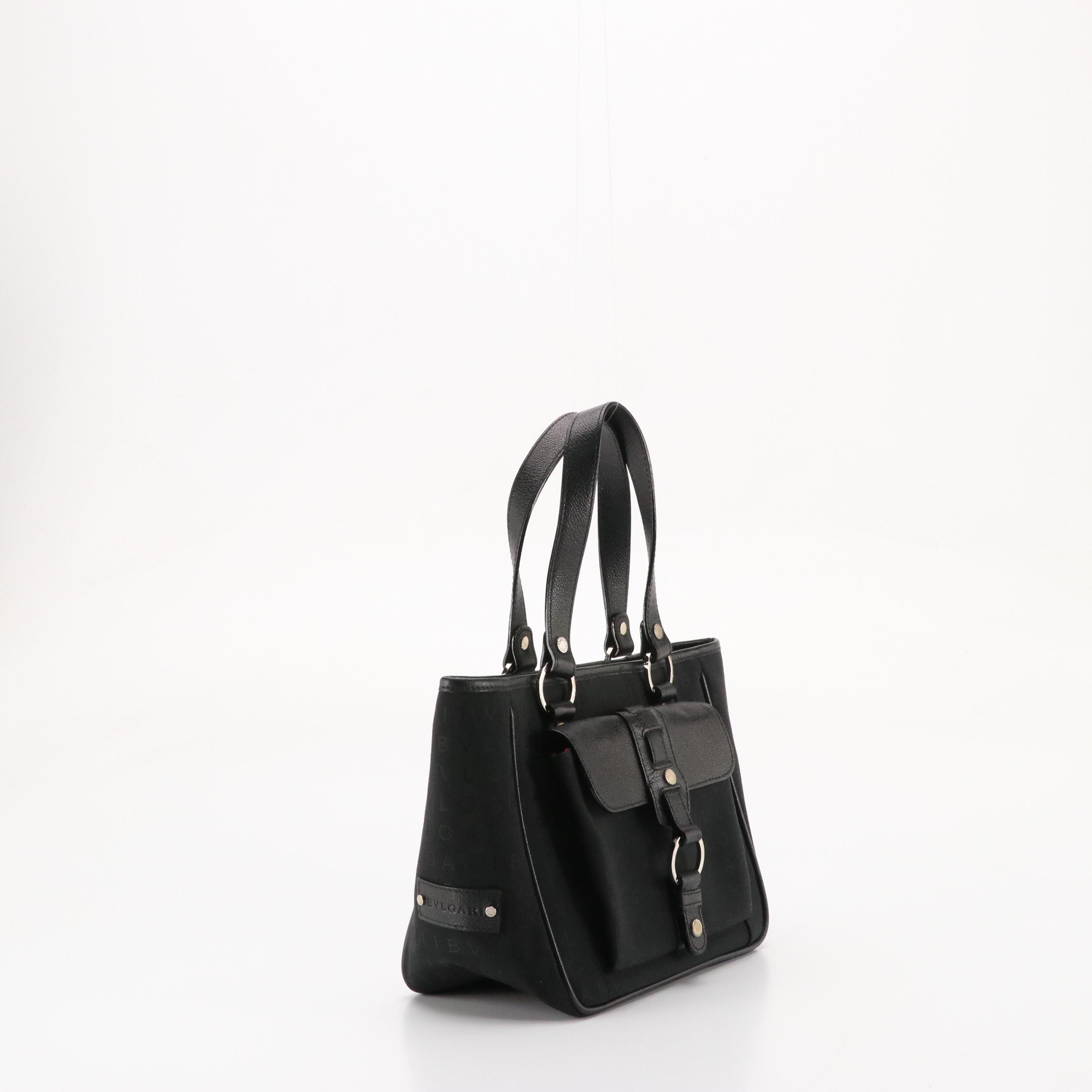 BVLGARI Small Front Pocket Tote in Black Logomania Jacquard Canvas and Leather