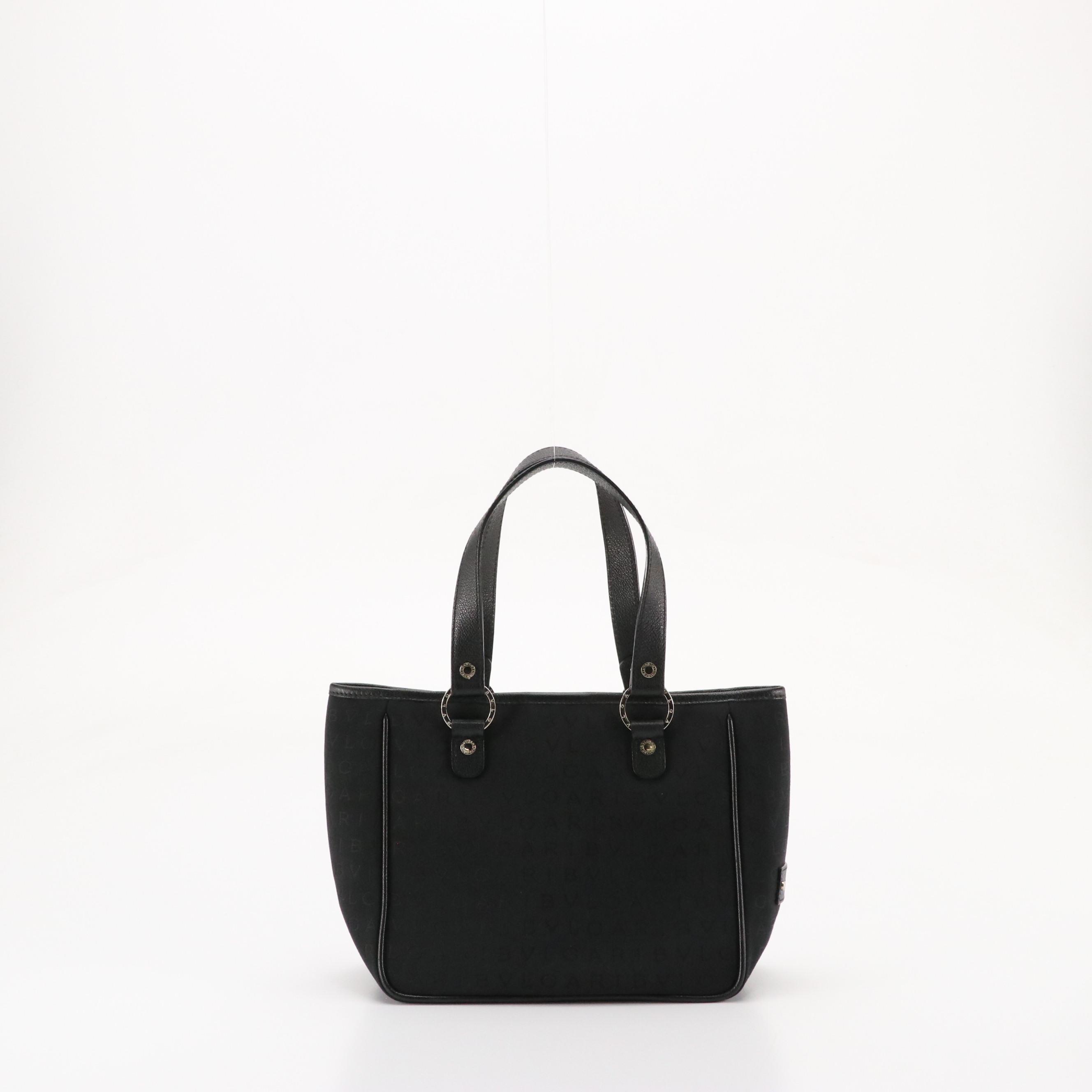 BVLGARI Small Front Pocket Tote in Black Logomania Jacquard Canvas and Leather