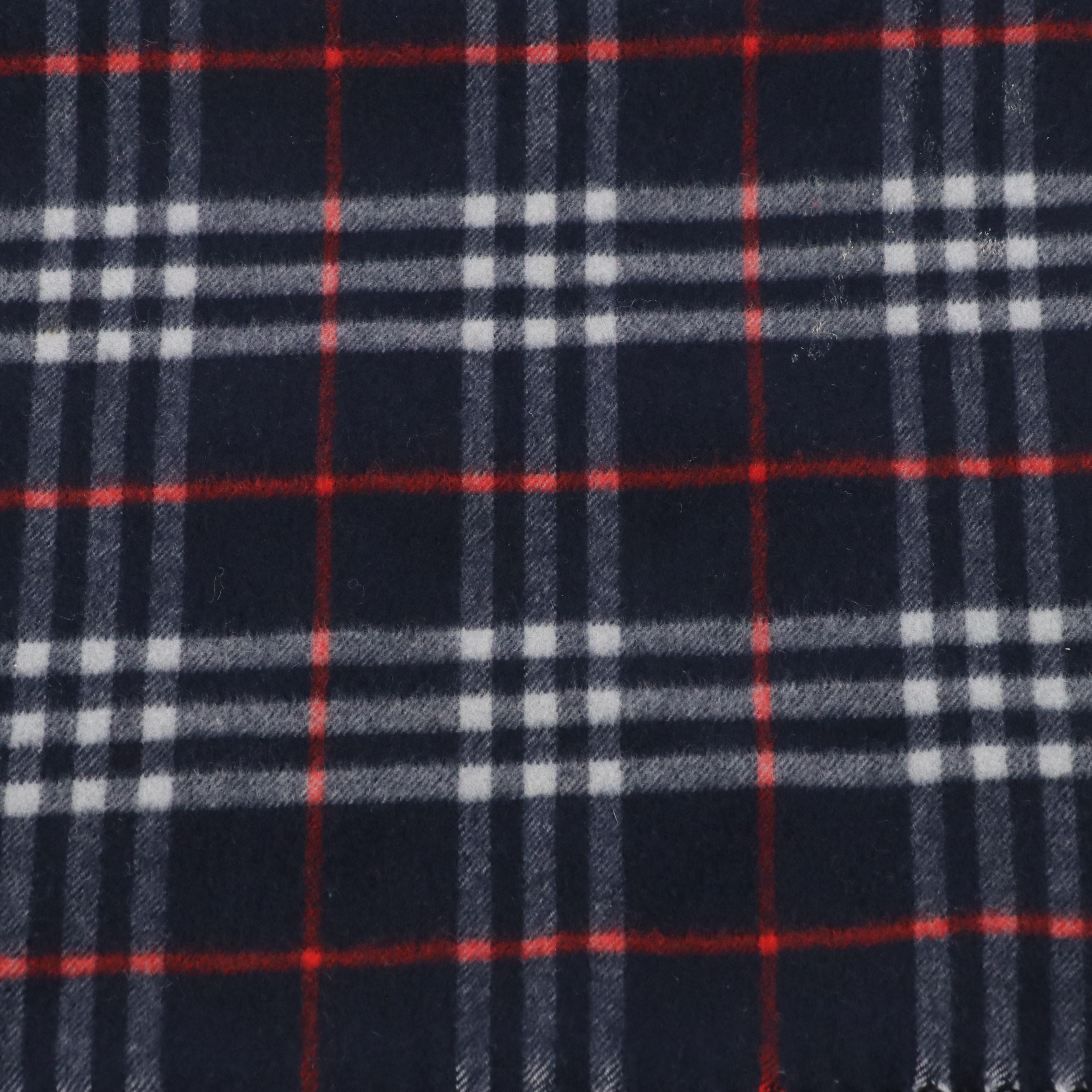 Burberrys Fringe Scarf in Navy Blue House Check Cashmere