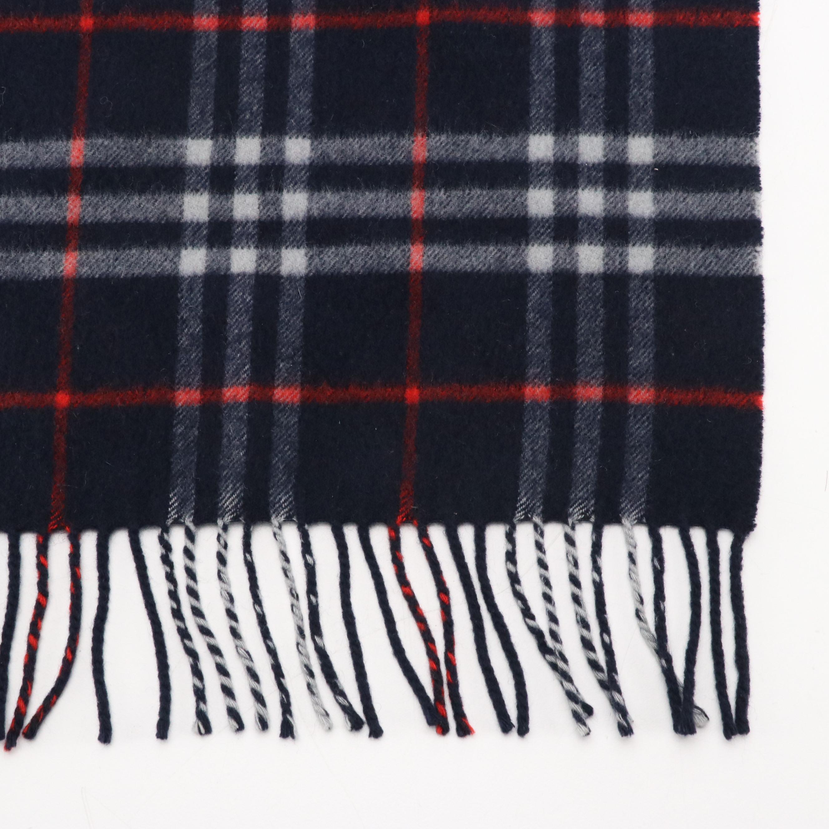 Burberrys Fringe Scarf in Navy Blue House Check Cashmere