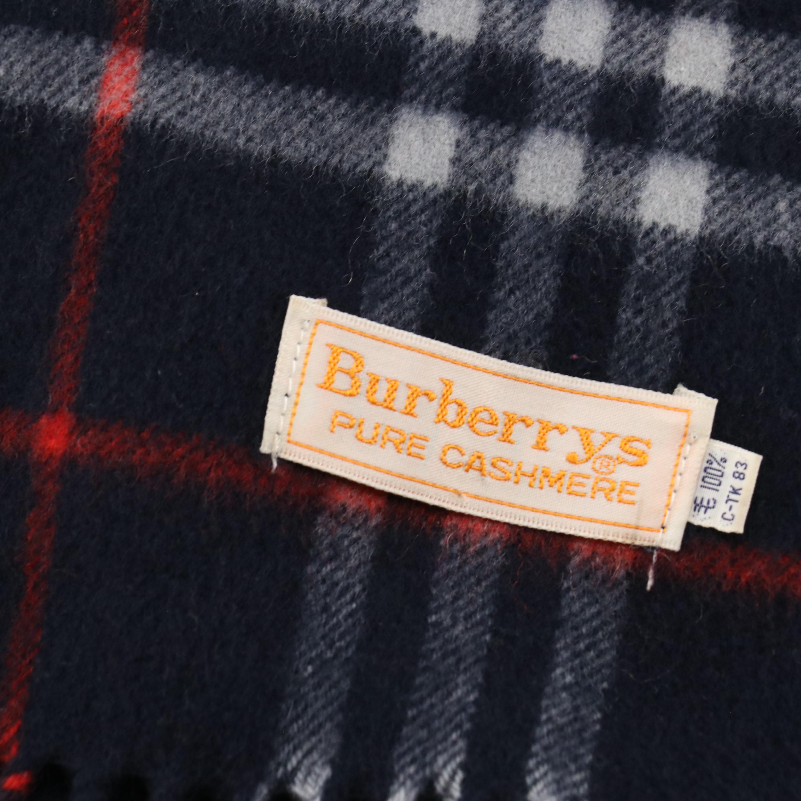 Burberrys Fringe Scarf in Navy Blue House Check Cashmere