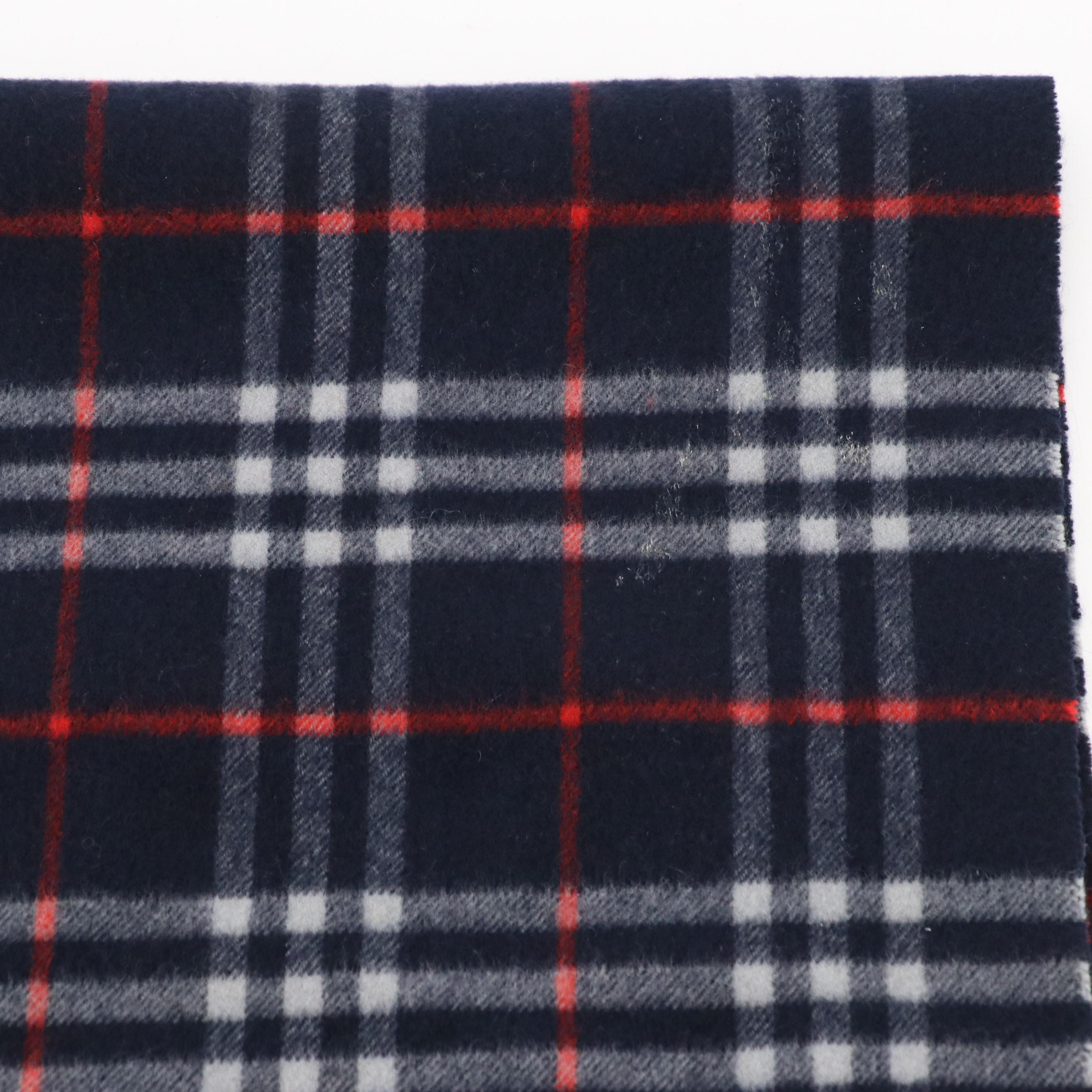 Burberrys Fringe Scarf in Navy Blue House Check Cashmere